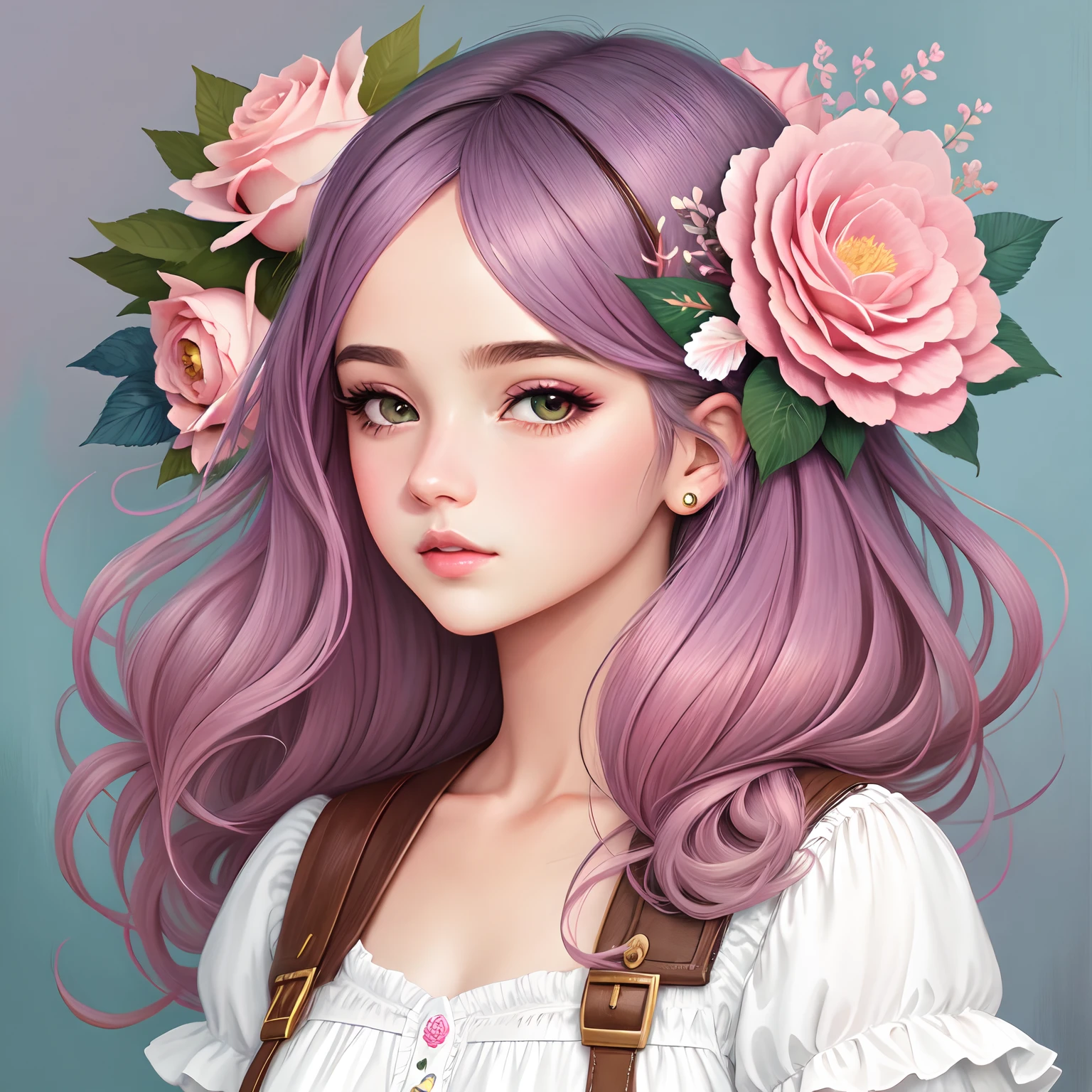 uma menina com cabelos longos e rosas no cabelo, No estilo de arte de Bowater, Estilo de desenho bonito, rosas no cabelo, trending on artstration, estilo de arte bonito, estilo de arte impressionante, Cabelo rosa, Estilo de arte anime bonito, in illustration style digital, estilo de arte loish, retrato colorido detalhado, pintura estilo pastel, arte digital detalhada bonito