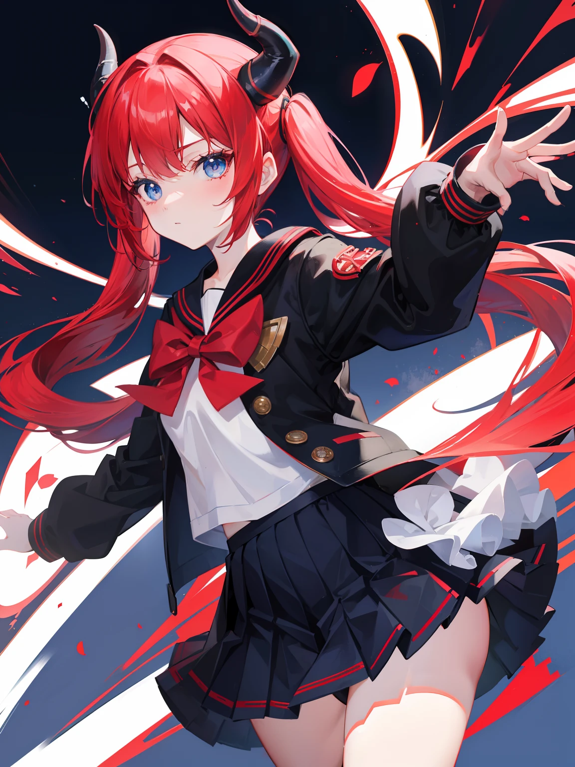 red hair, blue eyes, twintails, Sailor suit,black coat, Dragon horns,Pleated skirt,solo,,cute,bow