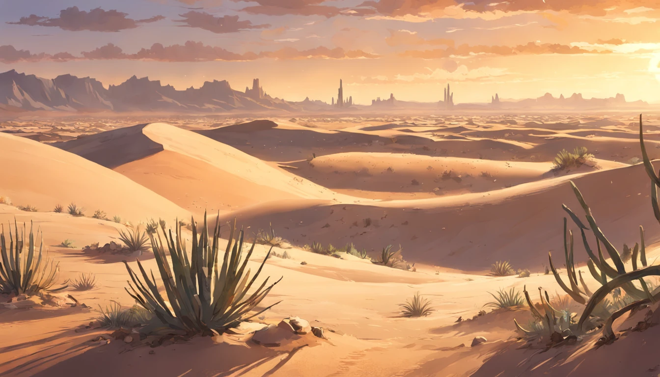 ((Vast desert)),oasis in the desert.Desert cactus ,sprawling，Empty，（Sand），（NOhumans），desolated，blurryforeground，depth of fields，k hd，Detailed details，Best picture quality，Light and shadow effects，Movie special effects， digital artwork, illustrative, painterly, matte painting, highly detailed