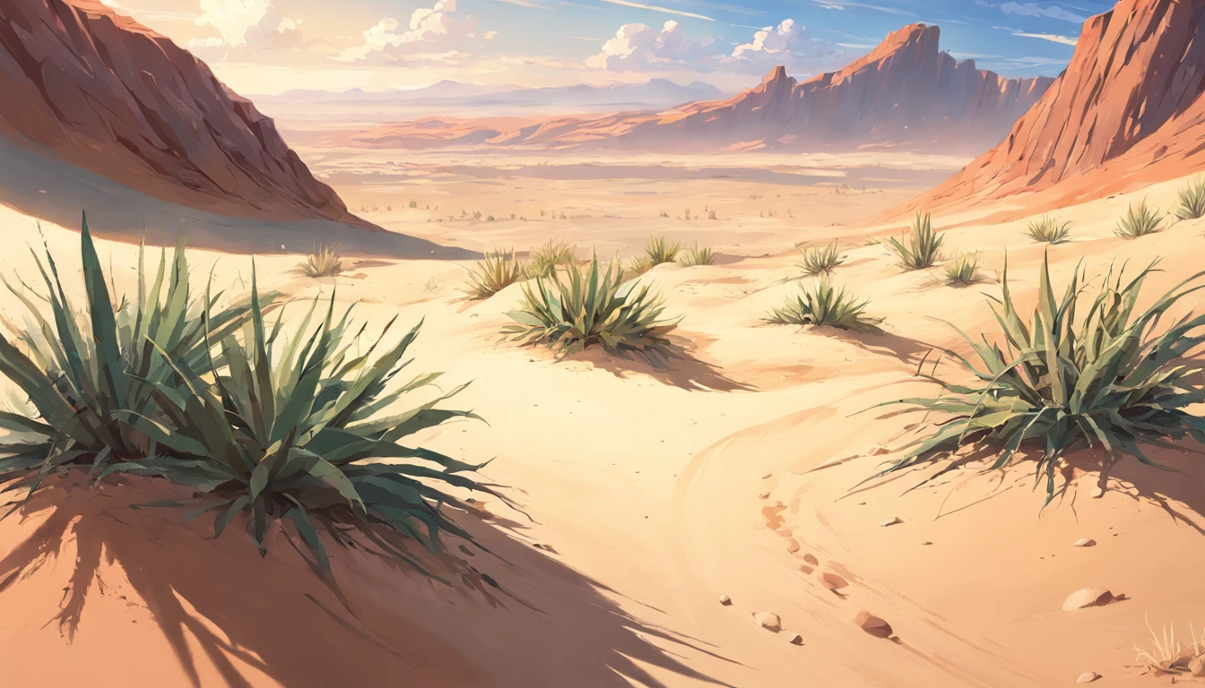 ((Vast desert)),oasis in the desert.Desert cactus ,sprawling,Empty,(Sand),(NOhumans),desolated,blurryforeground,depth of fields,k hd,Detailed details,Best picture quality,Light and shadow effects,Movie special effects, digital artwork, illustrative, painterly, matte painting, highly detailed