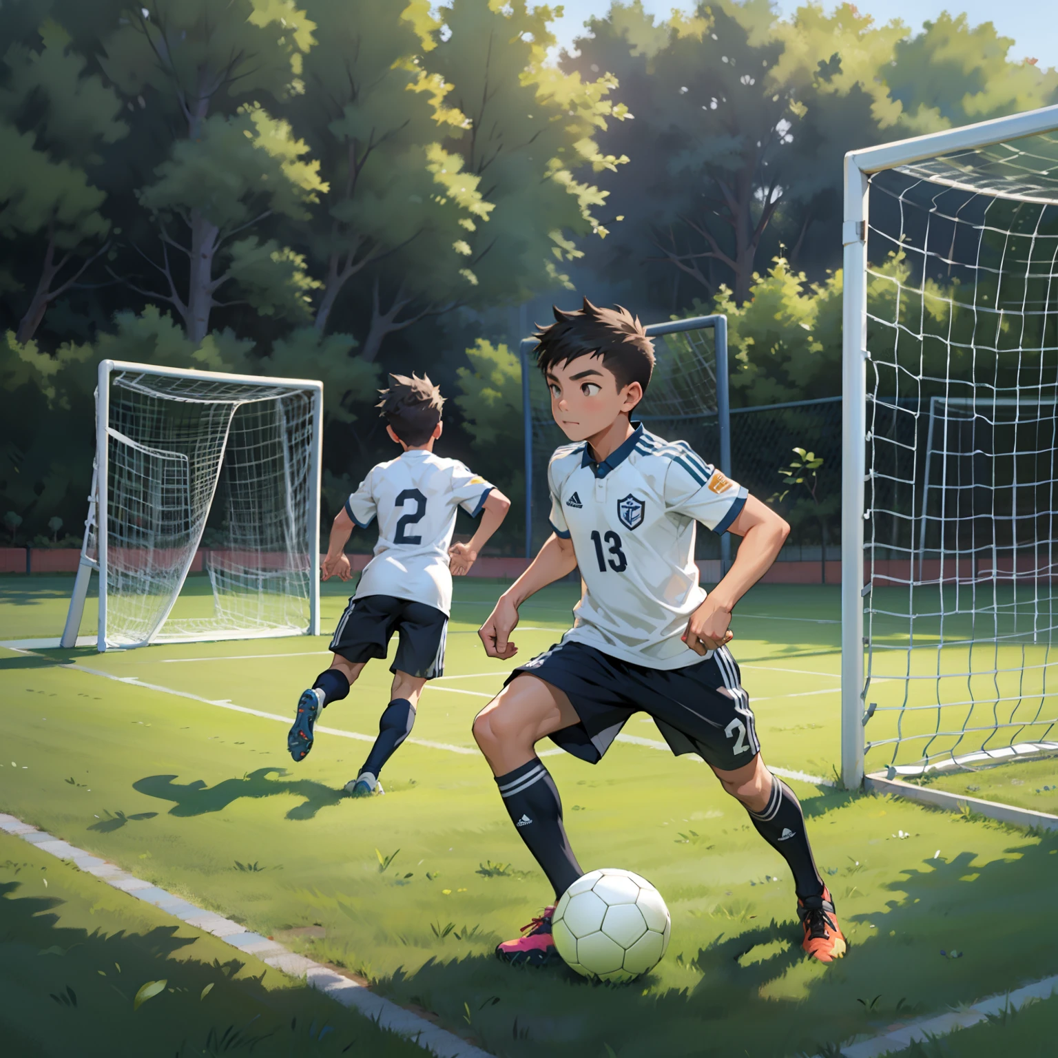 A boy is playing soccer,soccer court