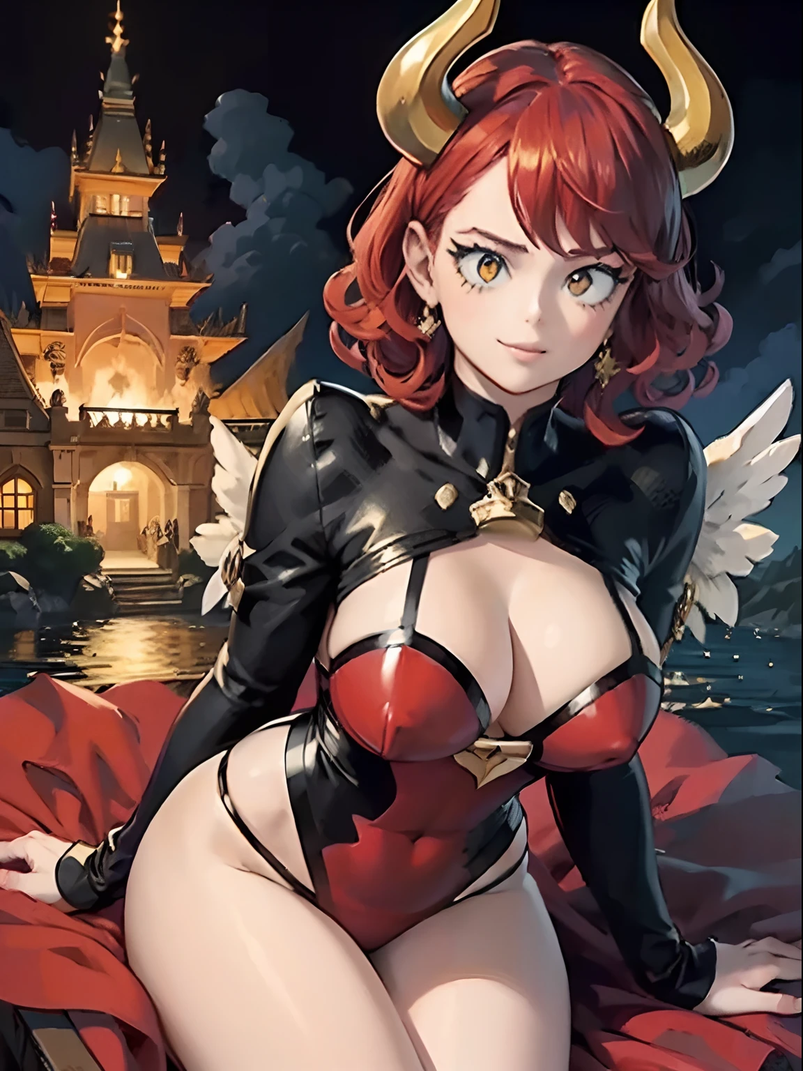 (Best quality:1.1), (Masterpiece:1.4), (Style MHA), (Illustration fantastique:1.2), dutch angle, 1fille, ((enfant)), seulement, (diable:1.3),scarlet red hair, golden yellow eyes, Sourire coquin, look coquin, Huge massive chest, Sinueuse, thick, (volcan:1.3), lave, Roche en fusion, montagne, (pleine lune:0.35), (Enfer:1.3) (Fiery background:0.5), (dramatic lighting:1.2), Nuages sombres, cleavage cutout, gros seins, fishing net, Demons flying through