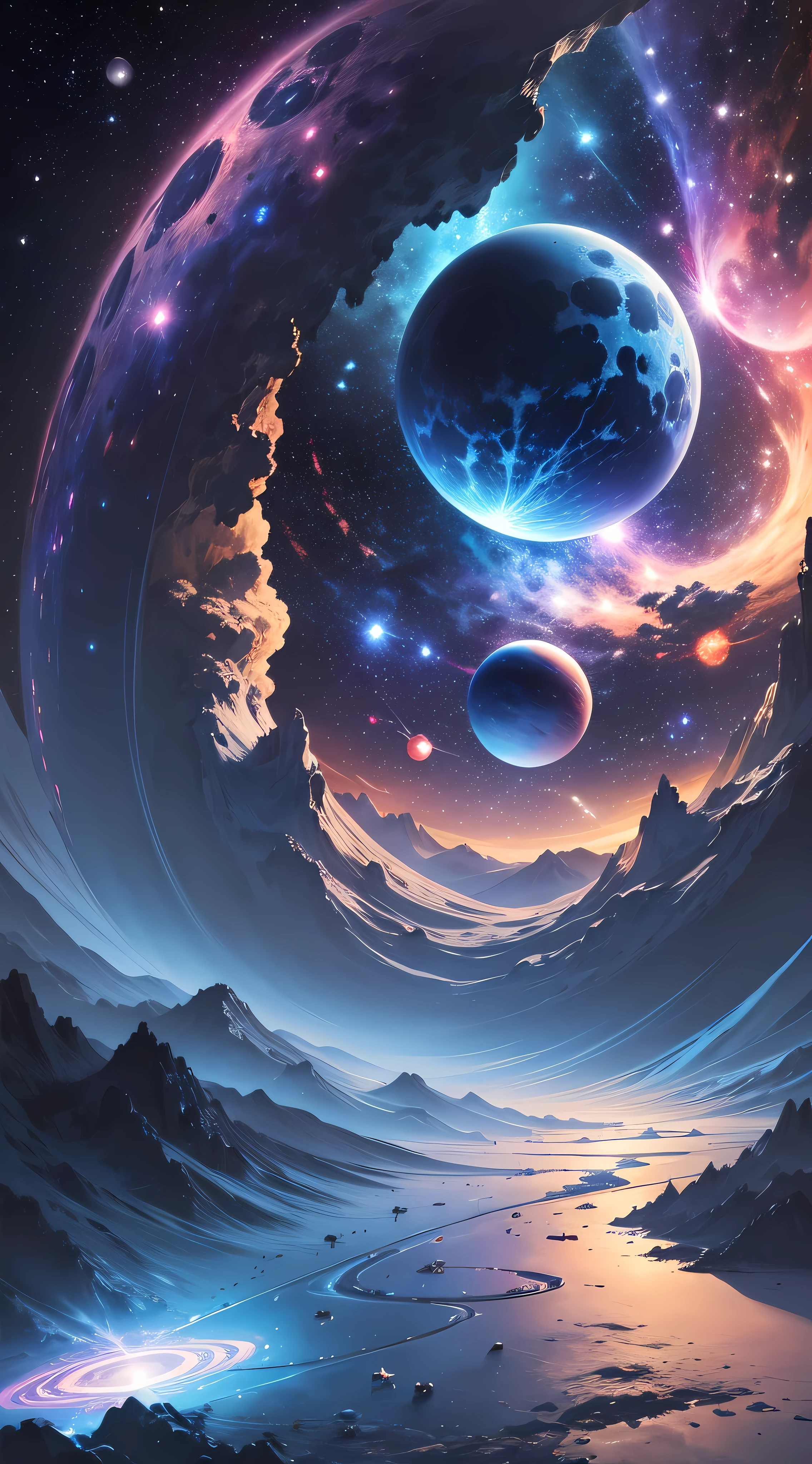 space with all the planets blue and pink colour with bright white stars 3d art realistic dark fantasy world blue,wet,ultra detailed, ultra detailed --auto --s2