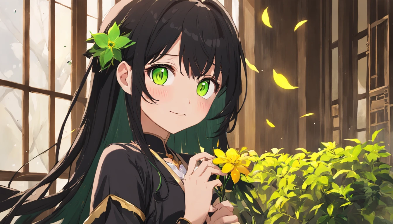 cabelos preto e longos,Girl holding a flower in front of the window,Wooden windows,ssmile,Yellow-green mixed eyes,Fluttering hair,White sling set,耳Nipple Ring,green leaf,Carillons,best qualtiy,8K,textureskin,gentlesoftlighting,aquarelle