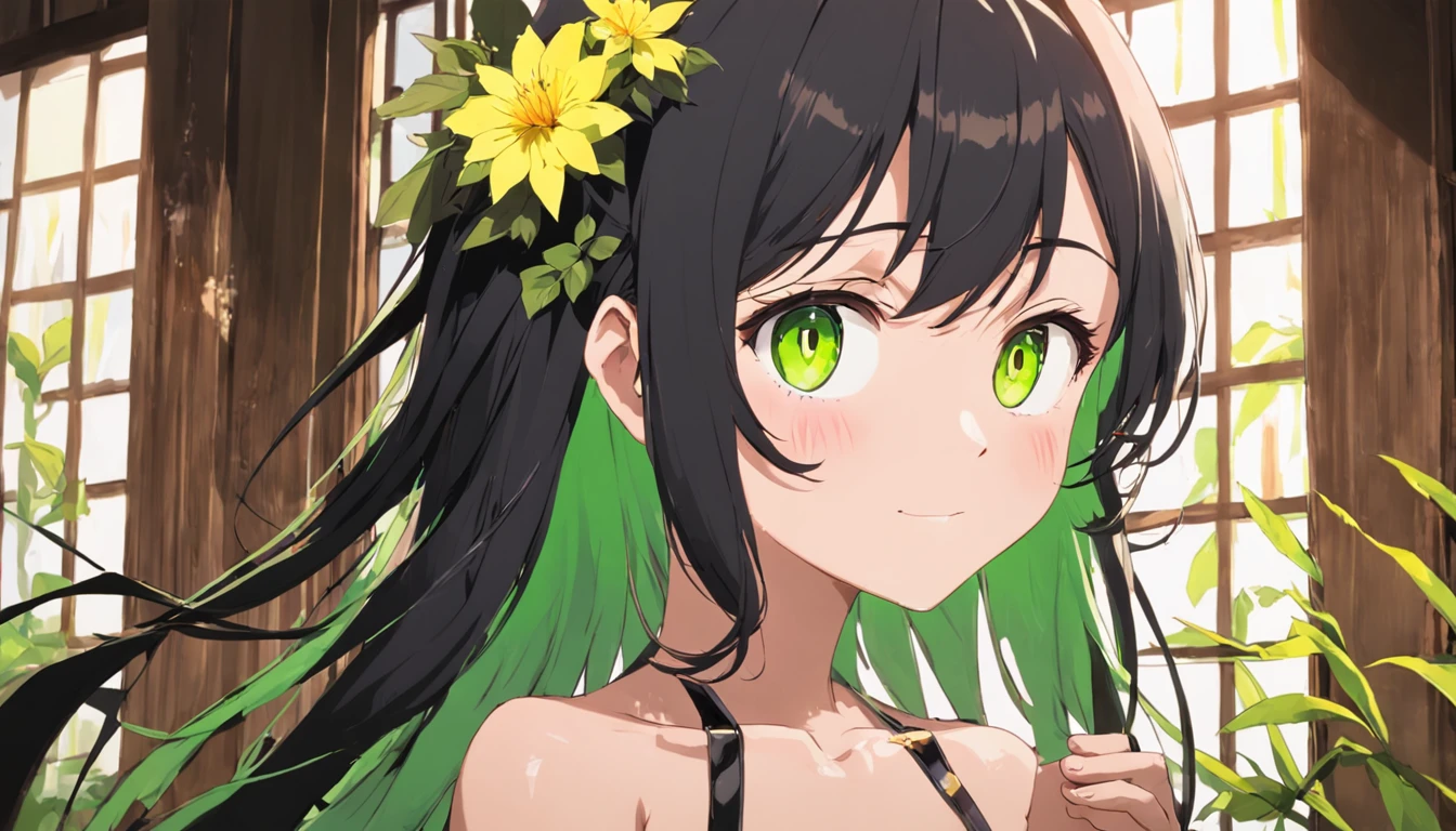 cabelos preto e longos,Girl holding a flower in front of the window,Wooden windows,ssmile,Yellow-green mixed eyes,Fluttering hair,White sling set,耳Nipple Ring,green leaf,Carillons,best qualtiy,8K,textureskin,gentlesoftlighting,aquarelle
