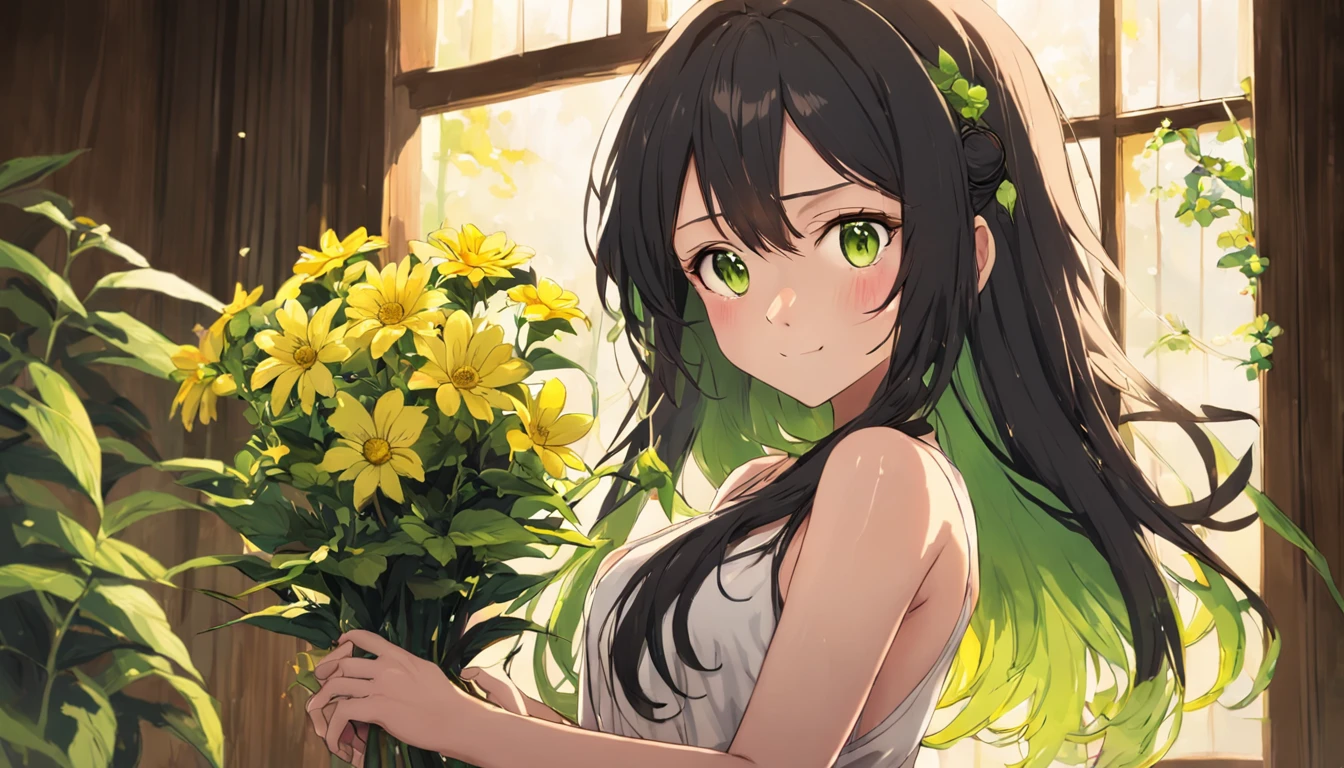 cabelos preto e longos,Girl holding a flower in front of the window,Wooden windows,ssmile,Yellow-green mixed eyes,Fluttering hair,White sling set,耳Nipple Ring,green leaf,Carillons,best qualtiy,8K,textureskin,gentlesoftlighting,aquarelle