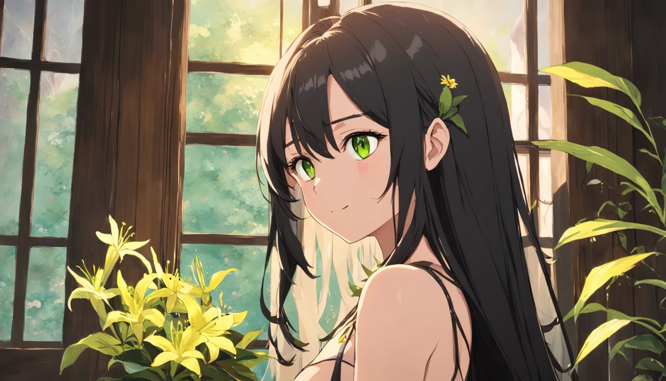 cabelos preto e longos,Girl holding a flower in front of the window,Wooden windows,ssmile,Yellow-green mixed eyes,Fluttering hair,White sling set,耳?????? Ring,green leaf,Carillons,best qualtiy,8K,textureskin,gentlesoftlighting,aquarelle