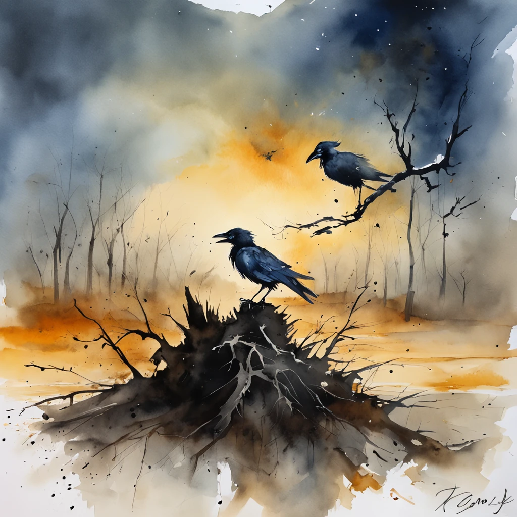 Two crows on a dead tree, Shadow in the shape of a walker, star night, Thick fog on the ground, Blue light on the horizon, ,, Motion blur, depth of fields, Dust, Cobblestones and dirt. splashart, Drop ink. Perfect color classification. Influenced by Karel Appel and Jeremy Mann, Full of dramatic and threatening scenes, ultra - detailed, Beautiful, insanely details, intricately details, editorial photography, shot with a 50mm lens, depth of fields, Tilt Blur, Shutter Speed 1/1000, f/22. Lightmaps, Super bright