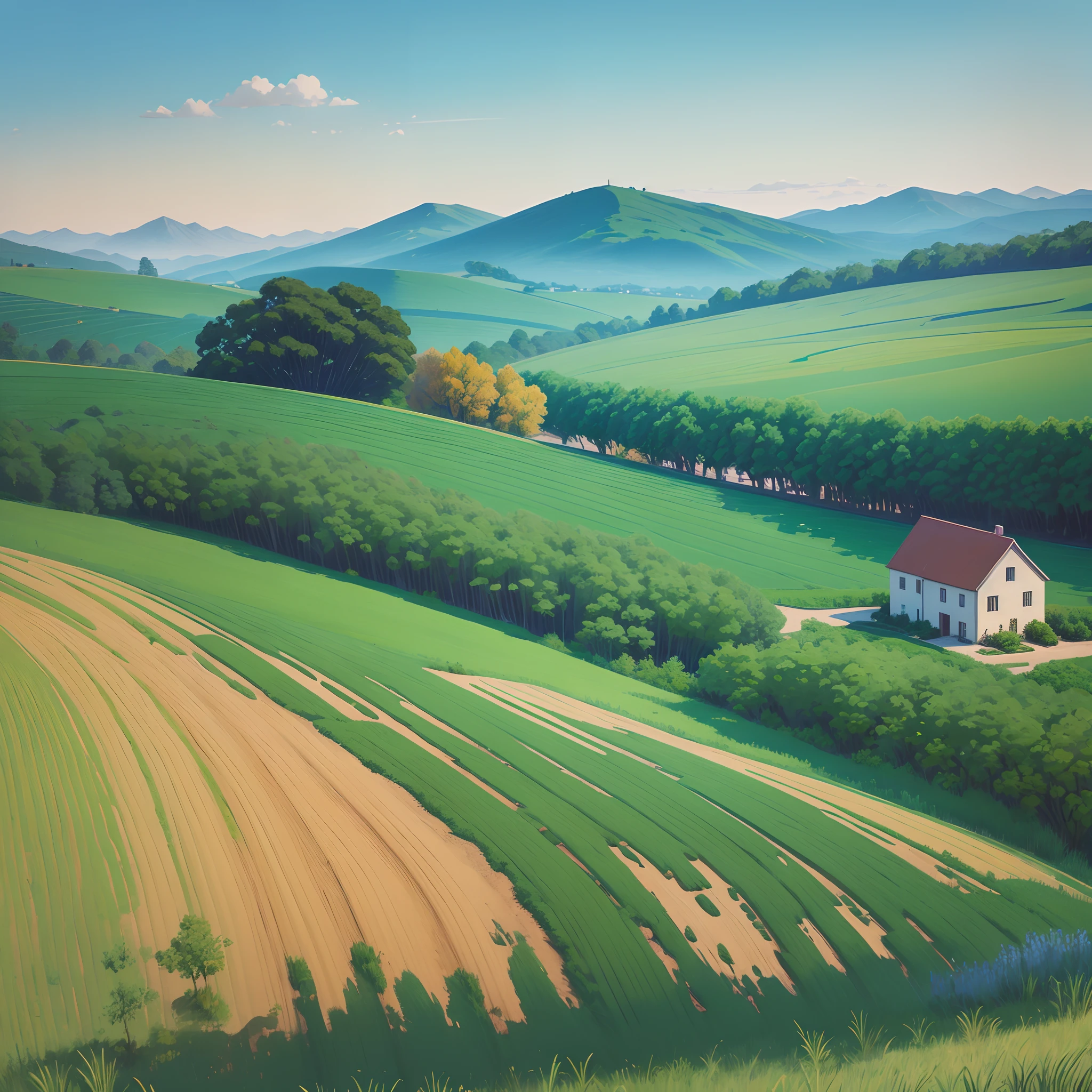 Create a summer landscape painting that captures the beauty and serenity of a sunny day in the countryside. The painting should be colorful and vibrant, using warm hues and bold brushstrokes to depict the lush greenery, rolling hills, and blue sky. You can choose to include a small stream, a few trees, or a farmhouse in the background to add depth and interest to the painting. Make sure to pay attention to the placement of the elements and the overall composition of the painting to create a sense of balance and harmony. Use your imagination and creativity to bring the scene to life on the canvas, and feel free to experiment with different techniques and styles to achieve the desired effect. --auto --s2