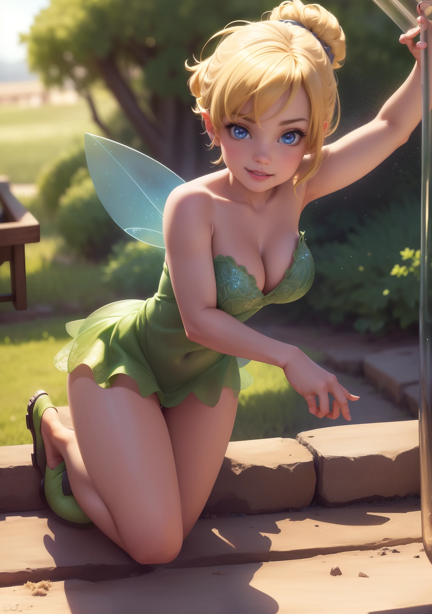 (Tinkerbell Waifu:1), smile, pose on all fours, cute, looking at the viewer, thick thighs, single bun, short hair, (strapless green dress:1), (fairy wings), (focus on breasts:1.2), (realistic: 1.2), (realism), (masterpiece: 1.2), (best quality), (ultra detailed), (8k, 4k, complex),(full body photo: 1),(cowboy photo:1.2), (85mm), light particles, lighting, (highly detailed:1.2), (detailed face:1.2), (gradients), sfw, colorful,(detailed eyes:1.2), (detailed ladscape, inside a glass jar :1.2),(detailed background),detailed landscape, (dynamic angle:1.2), (dynamic posture:1.2), (rule of terceira_compositing:1.3), (line of action:1.2), general plan, daylight, soil, no panties, huge breasts