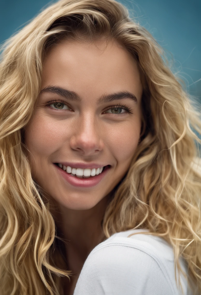 Young woman with blonde long hair、Facing the front、white backgrounid、wearing white t-shirts、Smiled expression
