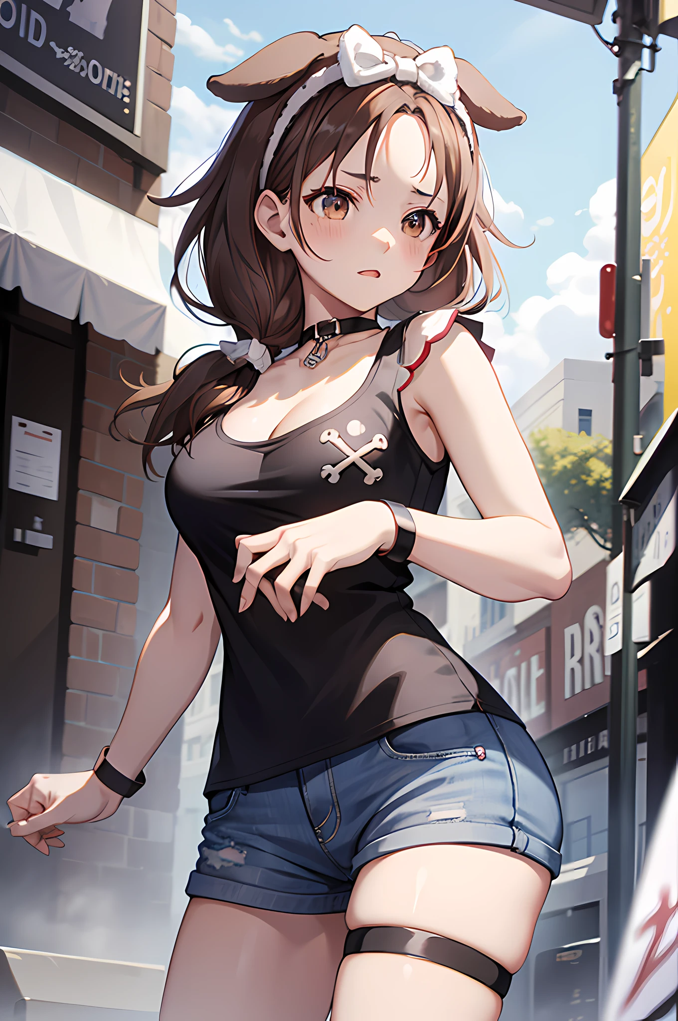 masterpiece, best quality, highres, ik3, black shirt, animal ears, brown hair, forehead, bow hairband, cleavage, black choker, medium breasts, thigh strap, print shirt, sleeveless_shirt, short shorts, cowboy shot,