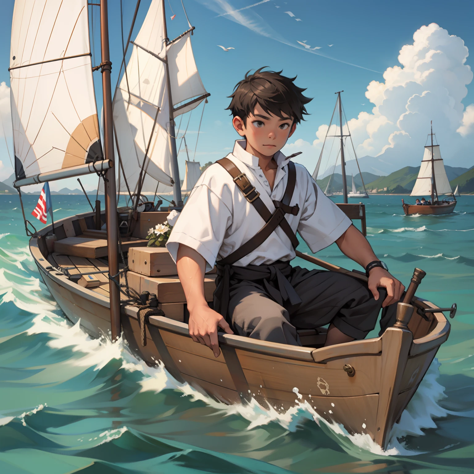 A boy，Sailing，afloat