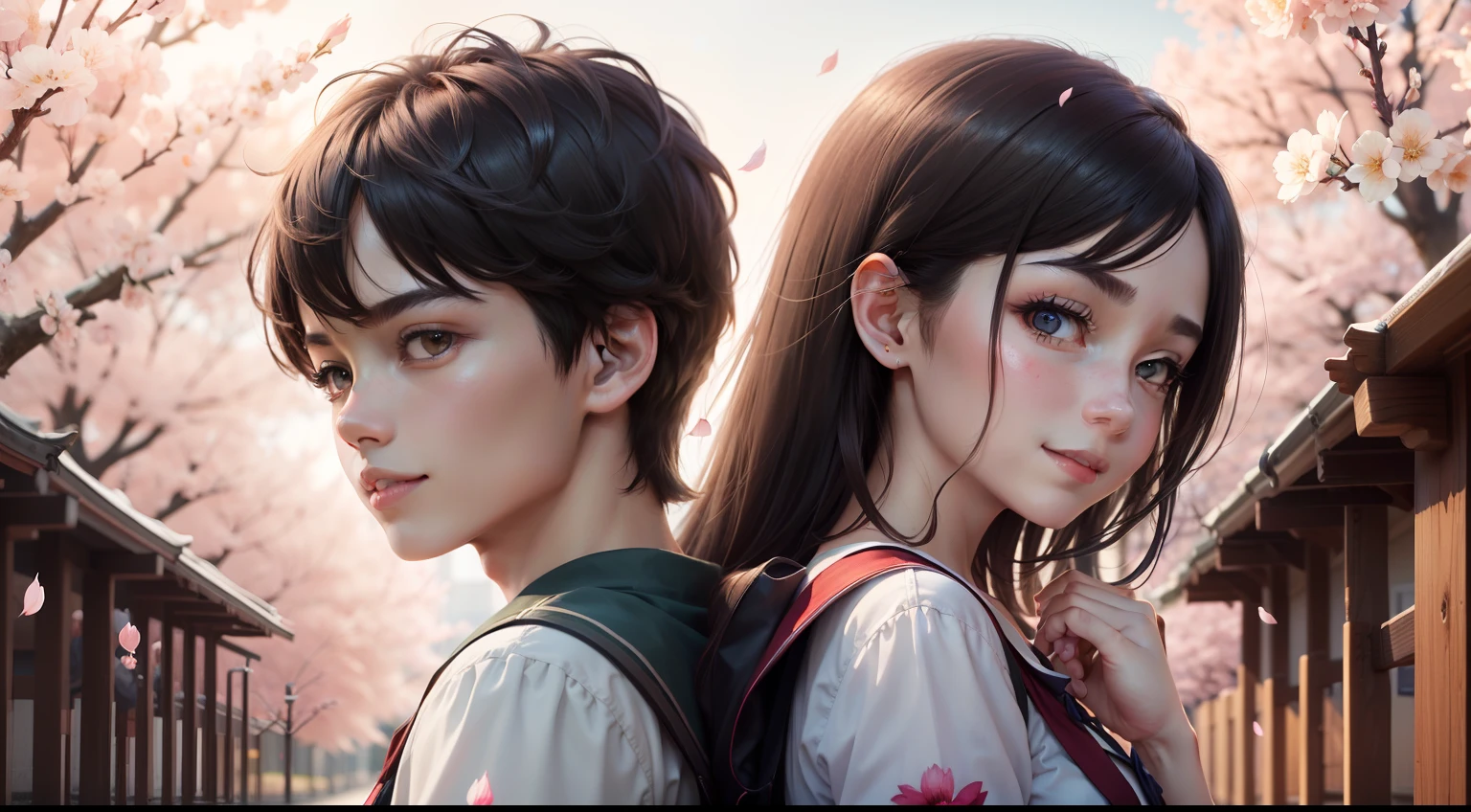 (absurderes、hight resolution、ultra-detailliert)、masterpiece、top-quality、Upper body, Vista, One boy and one girl, Back-to-back, student clothes, Smile, cherryblossom, flower petals, skyporn, campus、By Shinkai Makoto