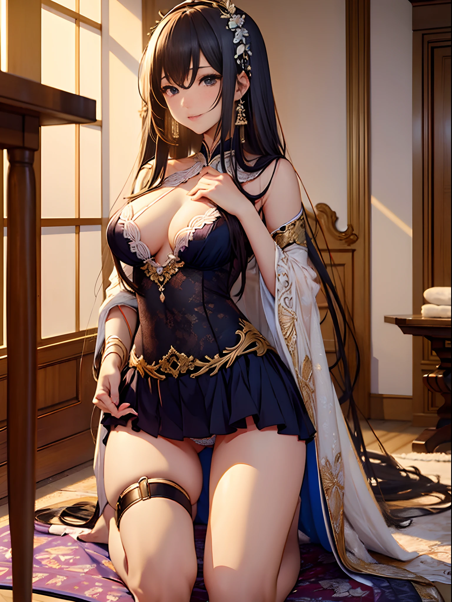 (Enrich the picture,Masterpiece level quality)Beautiful 8K CG artwork,Goddess-like posture,Kneeling exercise,Slim and soft,Translucent skin,Black hair、The beauty of extra-long hair, Super Long Straight Hair,The skin is fair and juicy,Underwear miniskirt uniform,Perspective Part 1.2x enhanced silhouette effect,Exquisite transparent blues pattern in pajamas,The details are intricate and exquisite,The background is slightly blurred,Charming and lustful leg seduction,Drool,The K cup is oversized,Blush,Japan goddess,Perfect body slim curves,