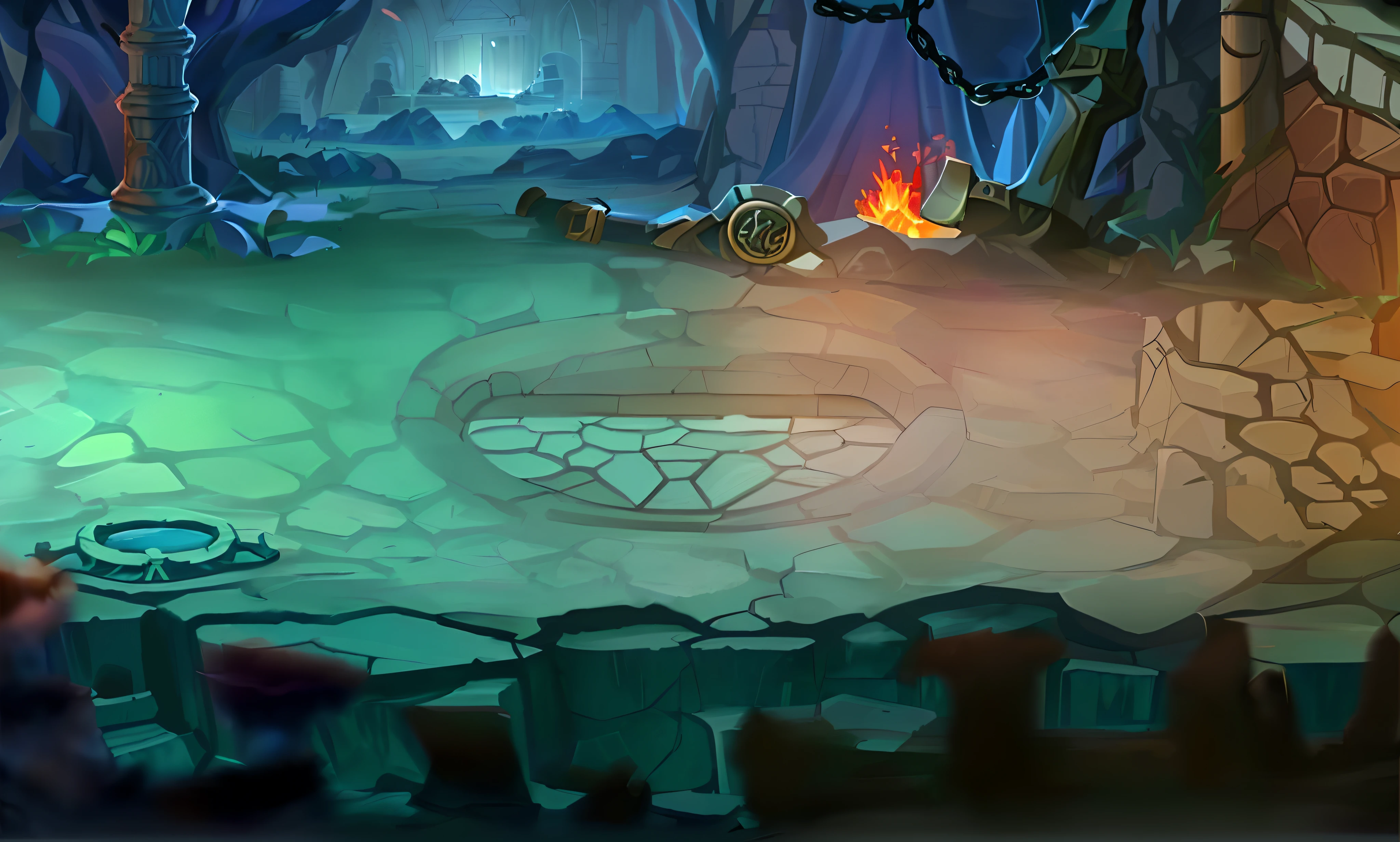 There is a cartoon scene of a cave with fire, odin's stone arena background, dungeon background, arena background, background artwork, 2 D game art background, magical battlefield background, arte de fundo, ancient ruins background, Cave background, magical battlefield backround, painted as a game concept art, in a dungeon background, Stylized game art, Mobile game background