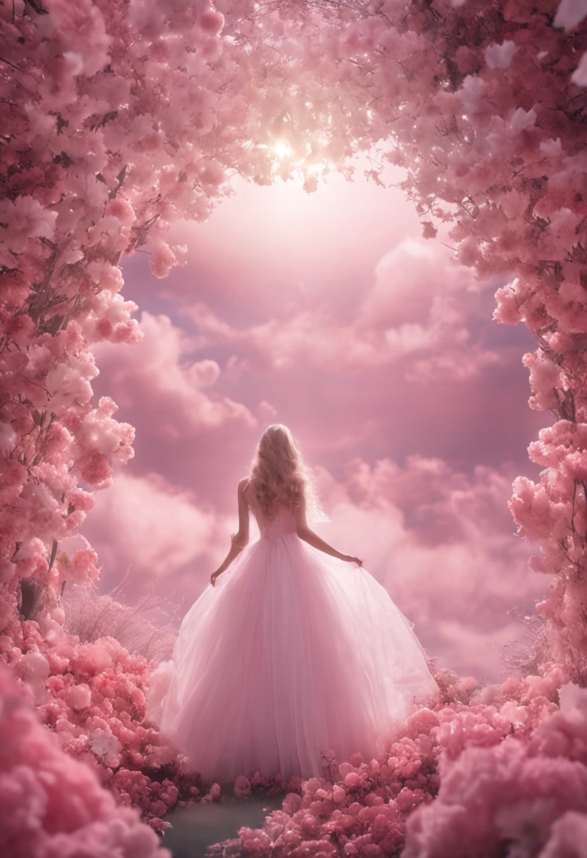 in white clouds fairyland, dreamy and romantic, dreamy atmosphere and drama, very magical and dreamy, dreamy scenes, heaven pink, on cloud, the sky is pink, Heaven, in the white clouds fairyland, magical dream-like atmosphere, Dreamy and ethereal, still from a music video