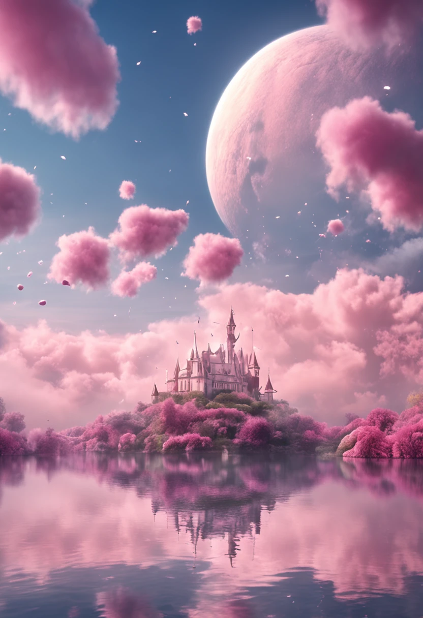 A pink castle in the sky with pink clouds and a moon - SeaArt AI