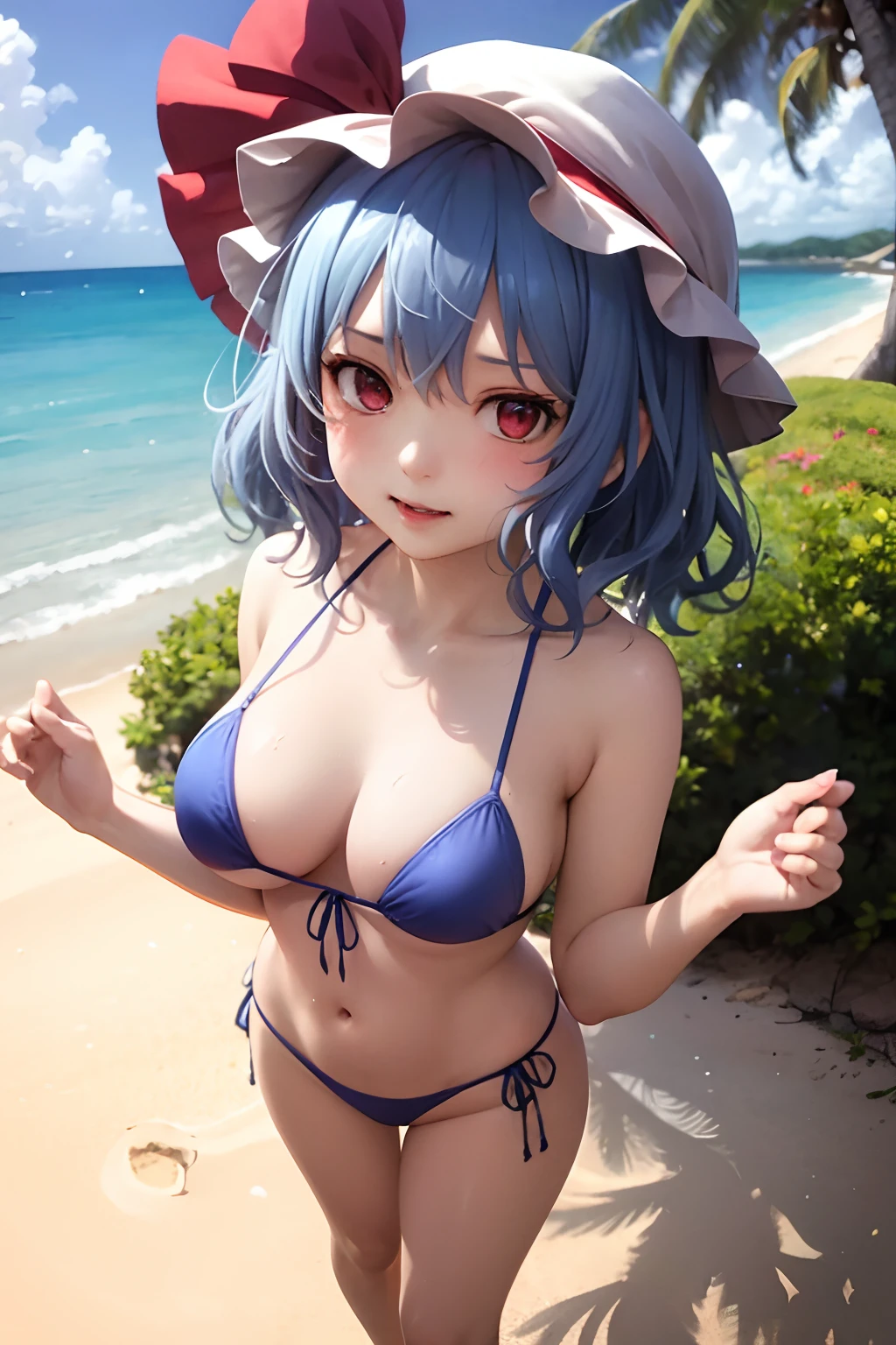 ​masterpiece、top-quality、1girl in、Blue ruffled bikini、Mob Hut、Medium hair with blue hair、red blush、the bow、ascot、wingspan、Sea and sandy beach background、(nffsw:0.8)、Colossal tits、A slender、remilia scarlet、full body seen、Girls having fun