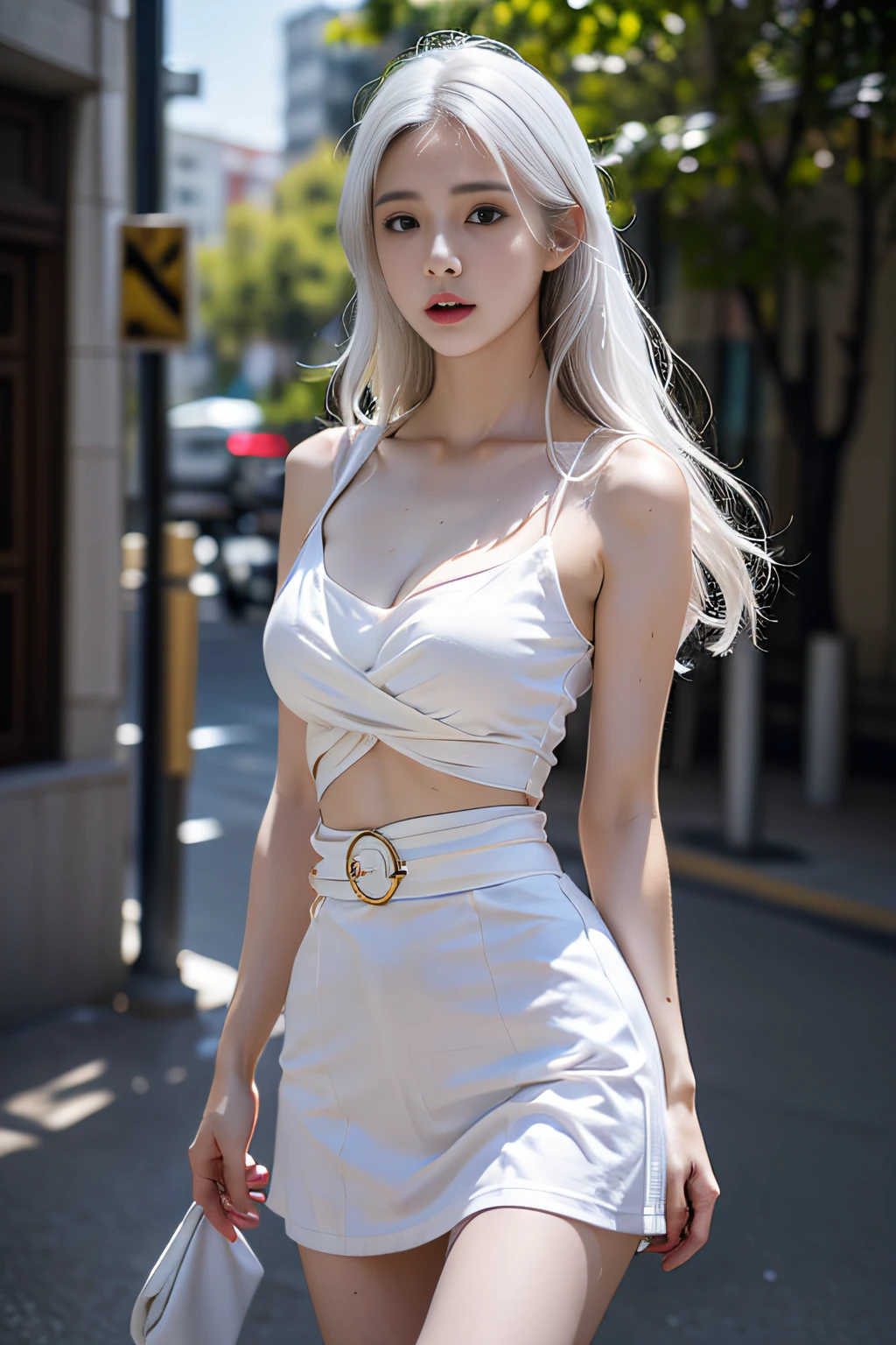 Best quality, Masterpiece, 超高分辨率, (Photorealistic:1.4), RAW photo, (Perfect body shape), 1girll, White hair, Waist up, Solo, White OL set, Skirt