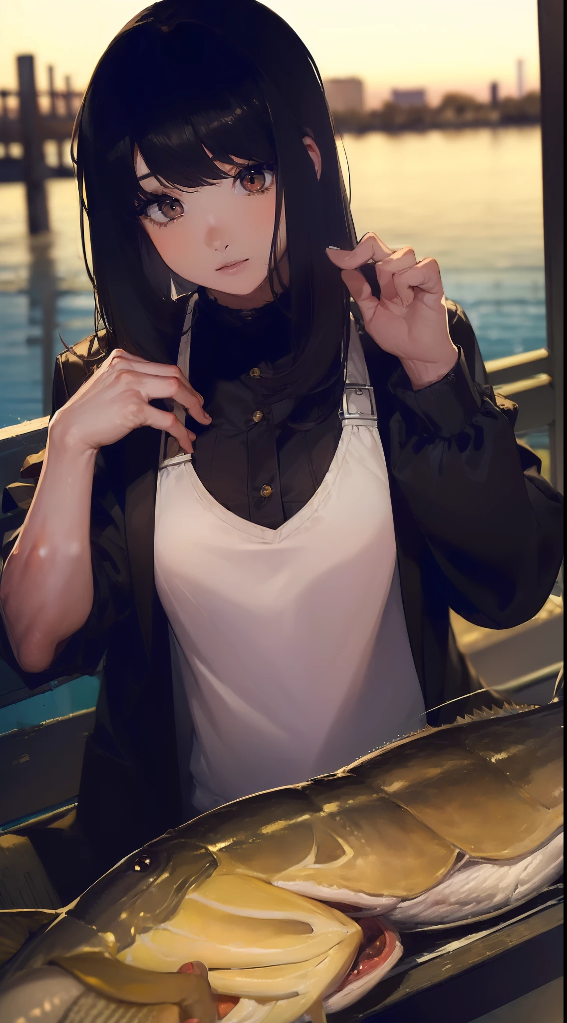 ((((Catch a big black bass by the lake:1.5)))),((1 female 28 years old))((Best Quality:1.5)),(((Hands with the correct number and structure of fingers:1.4))),(Large Mouth Bus),hight resolution,ultra-detailliert,masterpiece,best qualtiy,poneyTail,Black hair, long eyeslashes, Solid Circle Eyes, drop shadow, Atmospheric perspective,Super Detail, ccurate, small brest,(Black jacket :1.1),top-quality, blurry backround, bokeh dof:1.2, (masterpiece:1.3), Atmospheric perspective,Super Detail,dynamic compositions,top-quality、masterpiece、Very beautiful CG、finely detail、masterpiece