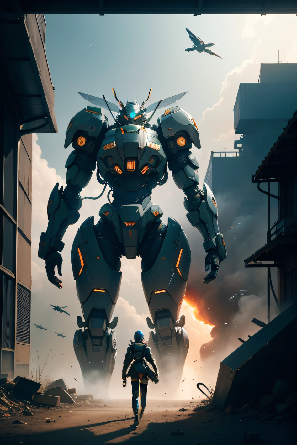 Cinematic quality,scifi style,The mech unit GAL-10 is the last line of defense to protect the city inside the walls,Mecha covers the whole body,Futuristic,With each blow, a hive grid appears,When the big move is activated, the avatar of the fighter descends to the side of the teammate。