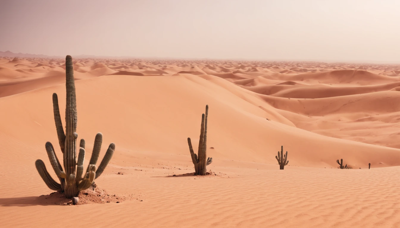 concept art((Vast desert)),oasis in the desert.Desert cactus ,sprawling,Empty,(Sand),(NOhumans),desolated,blurryforeground,depth of fields,k hd,Detailed details,Best picture quality,Light and shadow effects,Movie special effects, digital artwork, illustrative, painterly, matte painting, highly detailed