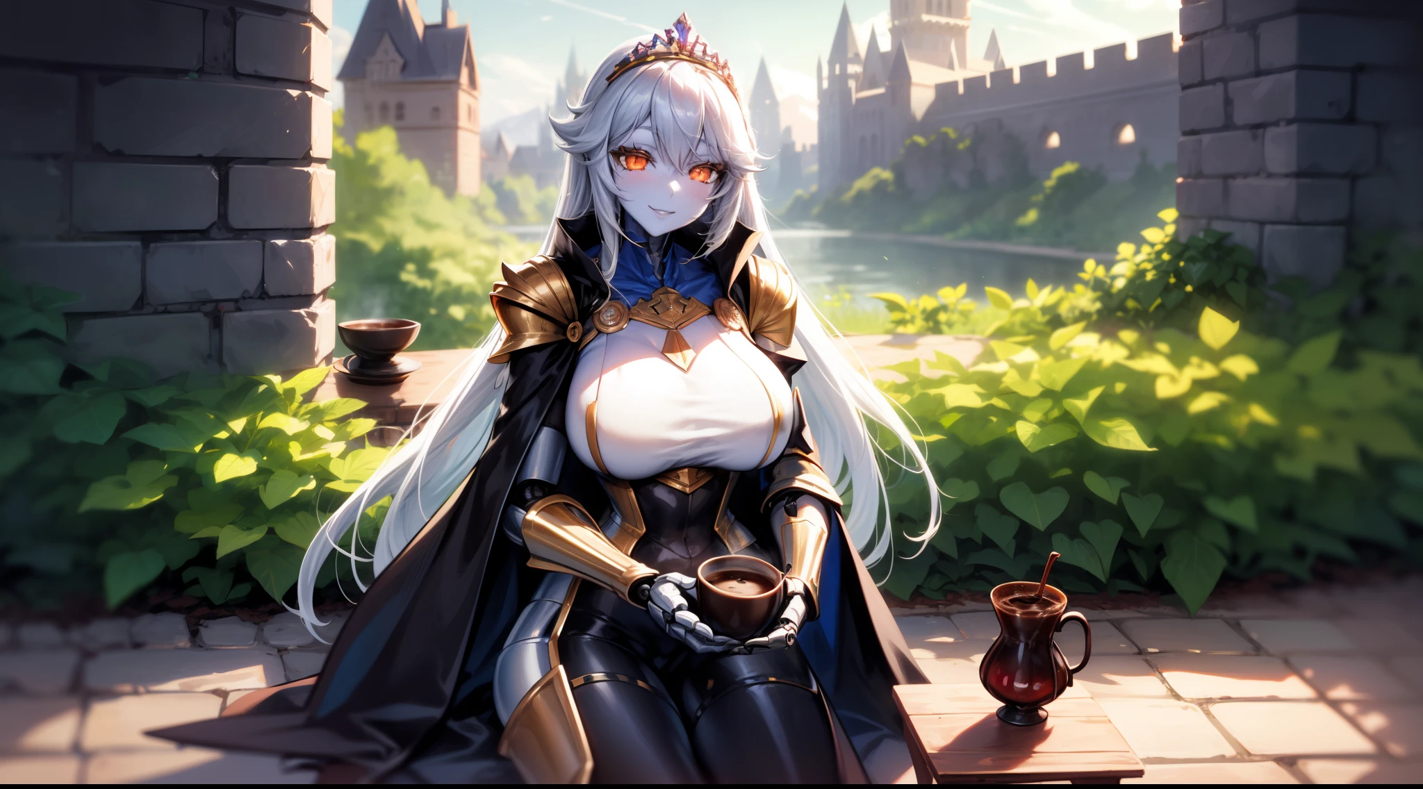 masterpiece, best quality,1girl,solo, robot girl, humanoid robot,robot joints, orange eyes,long hair, (colored skin),huge breasts,tiara, jewelry, armored dress,gold trim, sleeveles,cape,castle in background, (outdoors),garden,sitting, on chair,(tea cup on table), armrest, light smile