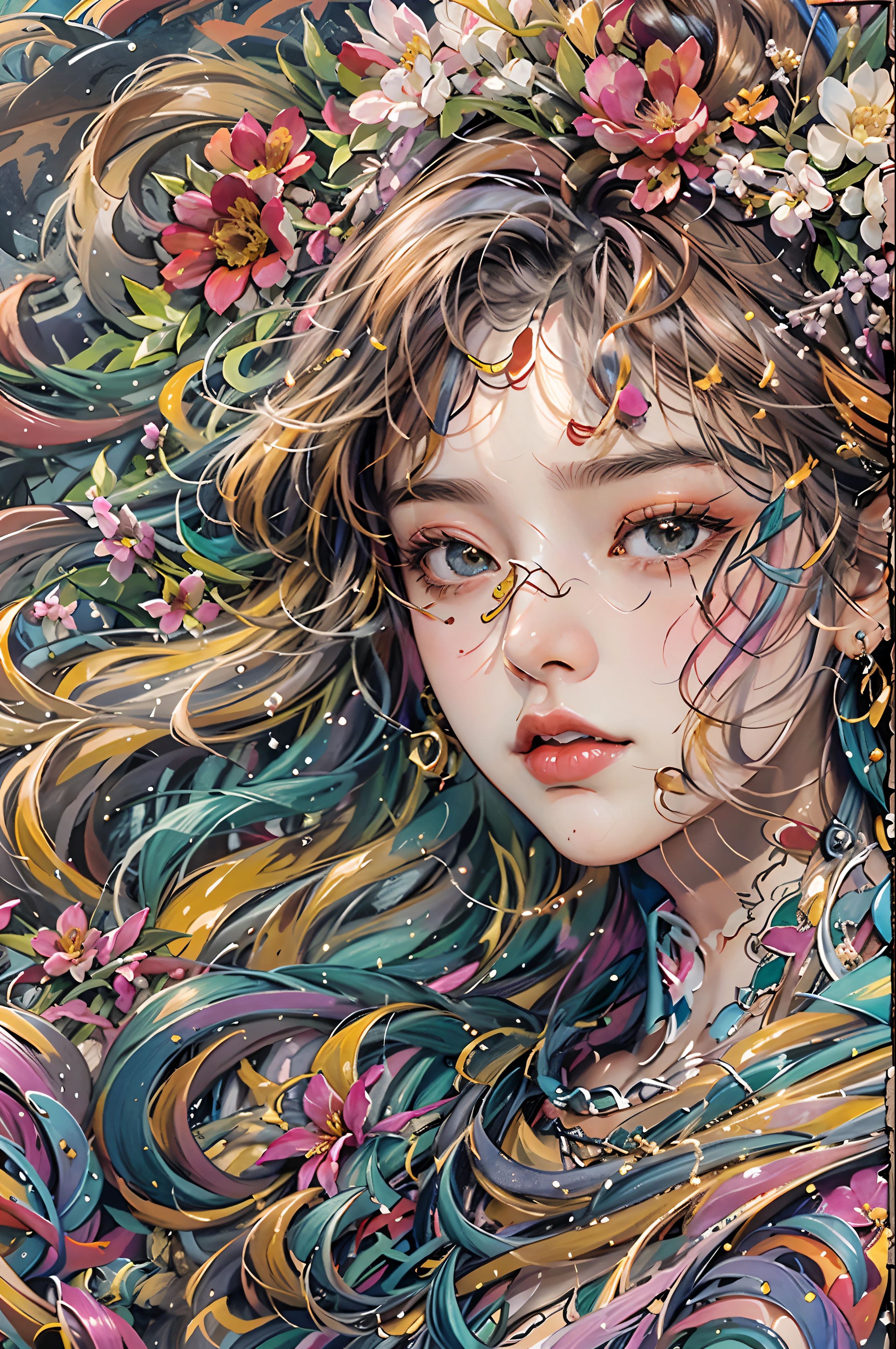(Hyper-realistic) , (illustratio), (Increase the resolution), (8K), （RAW photos，best qualtiy），（realisticlying，photograph realistic：1.3），best qualtiy，highly  detailed，tmasterpiece，Hyper-detailing，( the wallpaper), (详细的脸), 独奏,1girll，Extremely colorful，Most detailed，（zentangle：1.2），（dynamicposes） , (abstract backgrounds:1.5), (traditionalcostumes:1.2), (shiny skins), (many color:1.4), The upper part of the body),Highest detail,(zentangle:1.2), (dynamicposes), (abstract backgrounds:1.3), (shiny skins), (Lots of flowers:1.4), ,(耳Nipple Ring:1.4), (feater:1.4)。