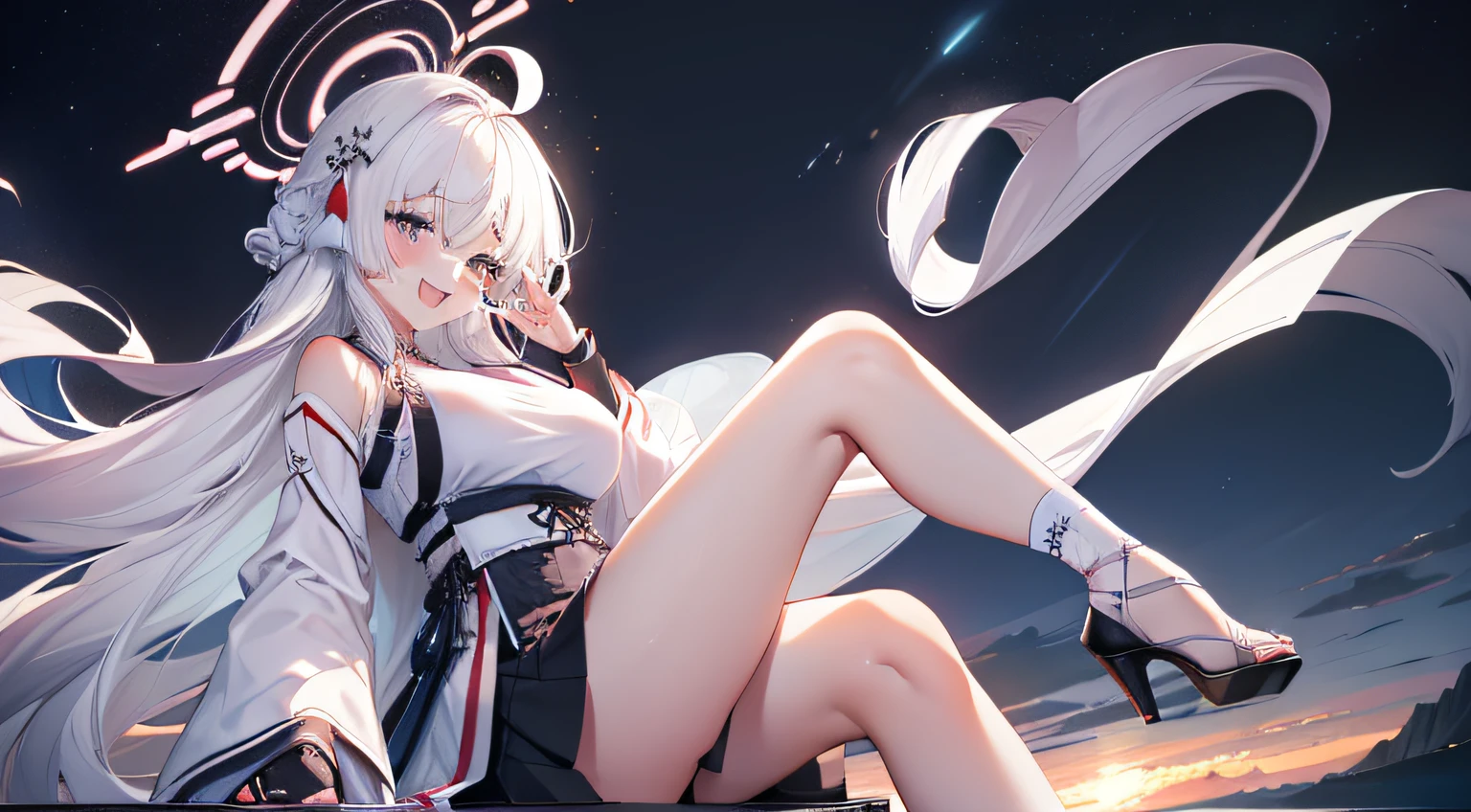 Cute big breasts and big buttocks,Toothy laughter,((Laugh and open your eyes)),scenecy,Long straight white hair, Long white socks, paleskin, hair adornments, epic landscapes,deep in the night，, Dynamic Angle(Large breasts),tongue kissing,grabbing breast，Hanfu，High heels