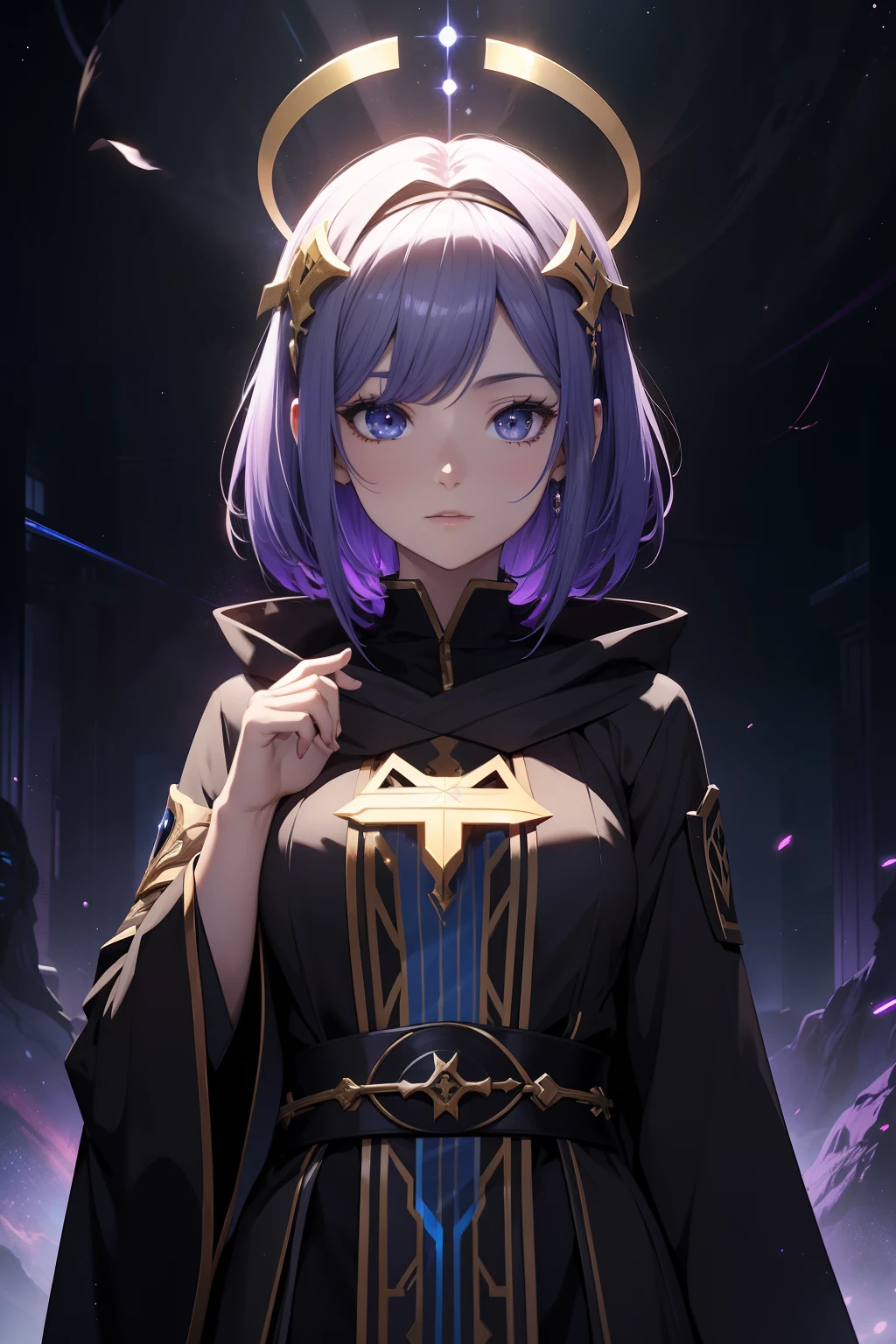 1 Beautiful Anime Hera Priest, Black priest's robe, detaileds, Ray tracing, Space background, Perfect, ultra high detailed, Highly detailed face, sankta. Halo、Darkness Fall、short-hair、Ichiko Nakano