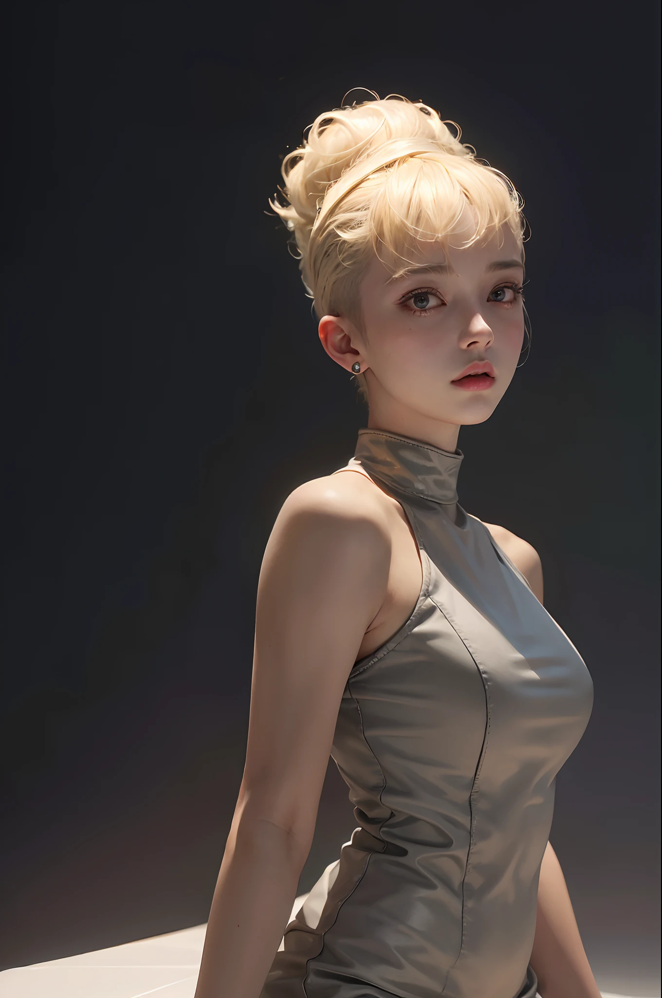 a 20 yo woman, blonde, (hi-top fade:1.3), dark theme, soothing tones, muted colors, high contrast, (natural skin texture, hyperrealism, soft light, sharp)