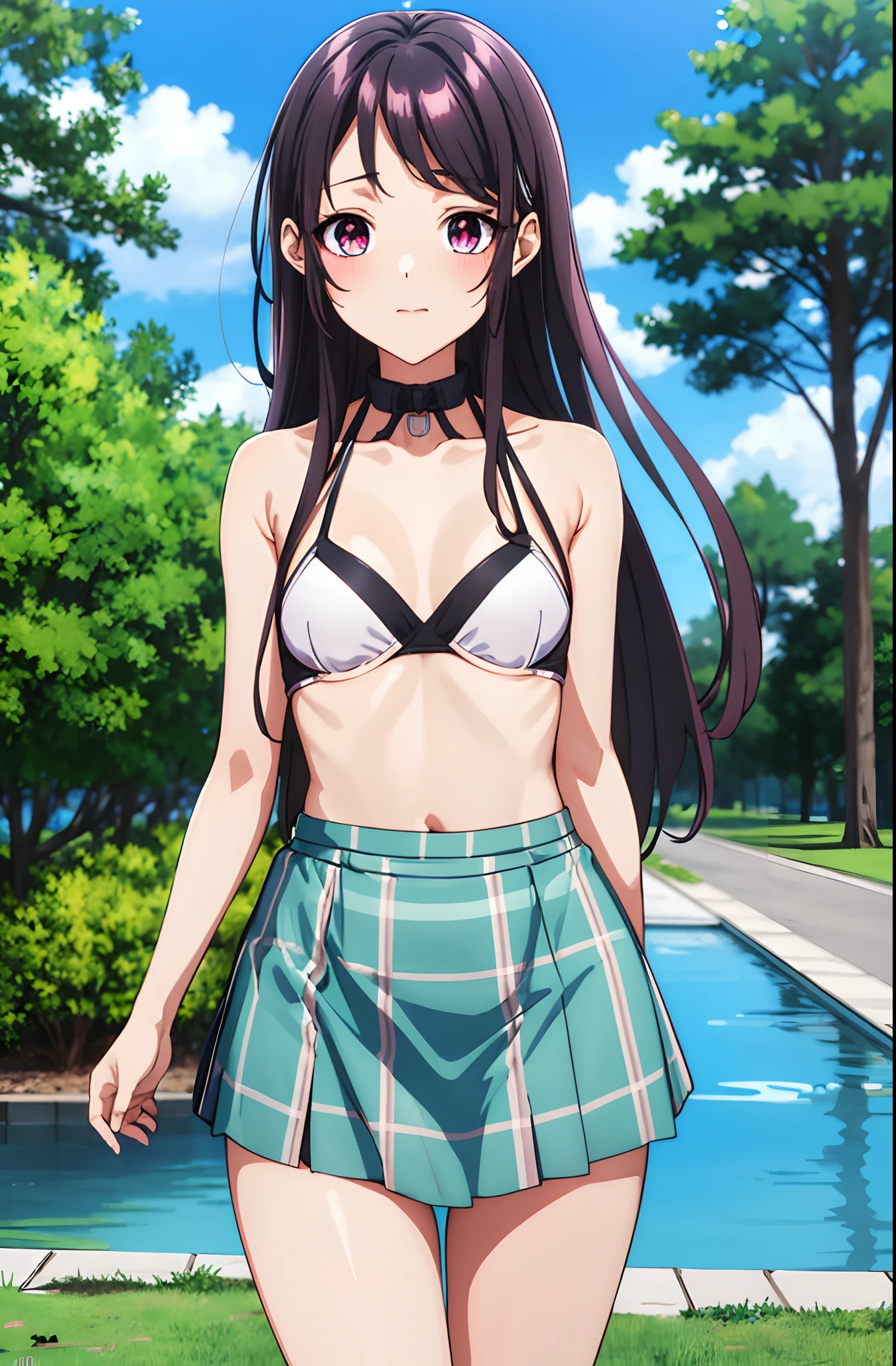 KaoriHojo, GIRL, (Masterpiece: 1.1), (Best Quality: 1.1), Upper Body Bikini, (White Bikini: 1.1), (Plaid Skirt: 1.1), High Waist Skirt, Blake [Green Grass: Pink, :0.5] Themed, (Urban Background: 1.1), Denim Lenses, Blake Silver, Long, Green Eye, Landscape, small chest, short height, , flat chest, small, cleavage, ((bare shoulder)), exposed