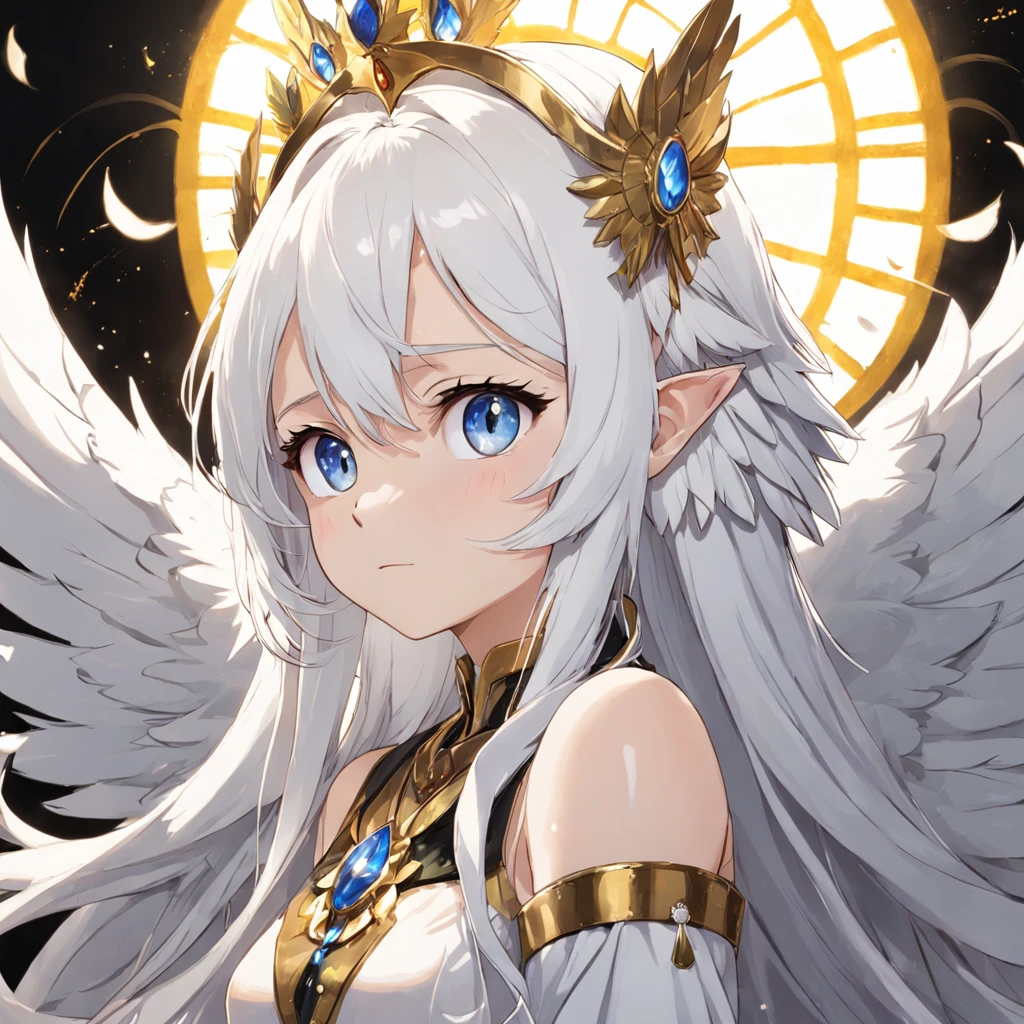 Acrylic paints,Thick coating,A saint with white hair and white eyes,White feathers,Gold jewelry,Gorgeous royal sacred holy maiden,nobles,Gorgeous satin white,Wearing a golden crown on his head,with black background,Overhead light,Halo,golden white silver