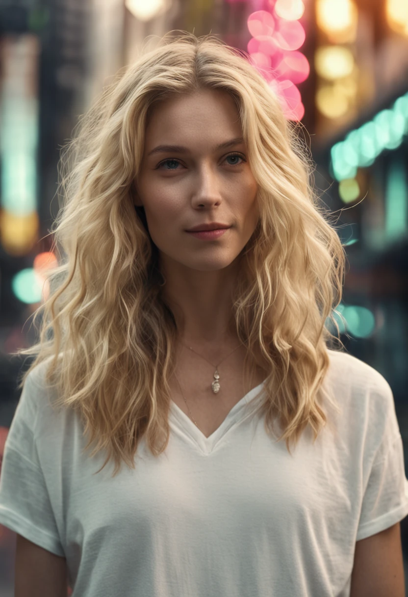 a blond、Long、infp young woman、Facing the front、white backgrounid、wearing white t-shirts、Smiled expression