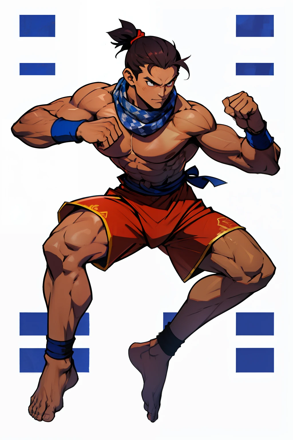 Khmer man warrior, full body to toes and feet, topless, dark brown tanned, random muay thai boxing pose, men bun hair, red and white square checkered pattern winter scarf wrapped around the neck, wearing plain blue boxing fighter shorts, white background,