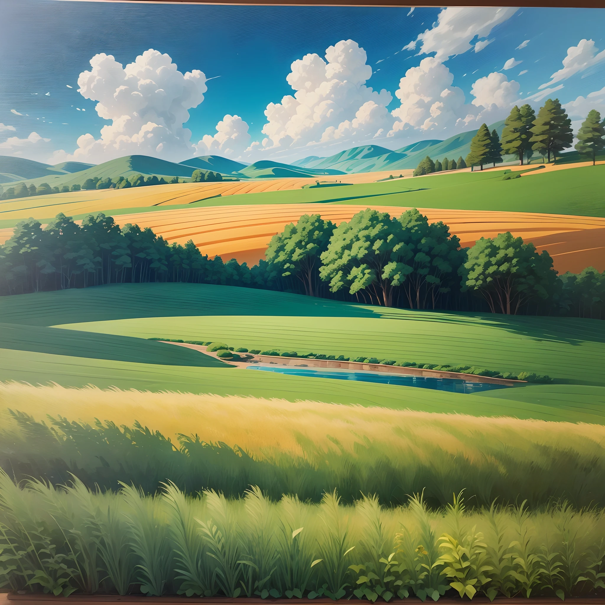 Create a summer landscape painting that captures the beauty and serenity of a sunny day in the countryside. The painting should be colorful and vibrant, using warm hues and bold brushstrokes to depict the lush greenery, rolling hills, and blue sky. You can choose to include a small stream, a few trees, or a farmhouse in the background to add depth and interest to the painting. Make sure to pay attention to the placement of the elements and the overall composition of the painting to create a sense of balance and harmony. Use your imagination and creativity to bring the scene to life on the canvas, and feel free to experiment with different techniques and styles to achieve the desired effect. --auto --s2