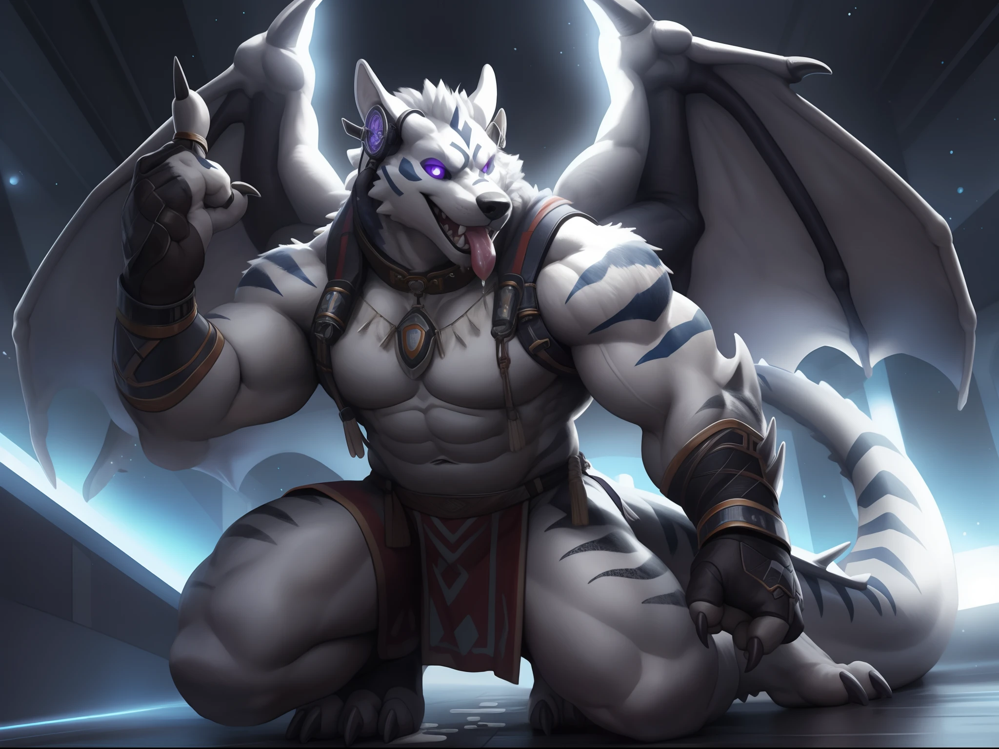 Solo, Male, (Muscular), sacrifices, (male anthro wolf):1.3, White flesh,nakeness,divinity,Wear white ear headphones,Black loincloth, (Kamimei):1.3, (komono:1.4) (DOA):1.23, Detailed eyes, lizard tail,A pair of dragon horns, A pair of dragon wings,((Full body like)), (Detailed eyes, Purple eye, White rind,Gray stripes,Sharp claws,Cute beast claws,glowing light eyes):1.1, (exteriors:1.35), inside in room,Futuristic style bedroom,Bright white light,get down on the bed,Collar,submit to,Be red in the face,Open-mouthed,A lot of drooling,Stick out her tongue,Fluid spills from the lower body,Milk spilled all over the floor,clever,ssmile,Handsome(Particle,blue glowing):1.3,detailedbackground,realisticlying,realistic hand,8k hdr,(,Wide dynamic range,hdr,low-light:1.2),author(pino daeni,(author:by ruaidri),author:virtyalfobo)