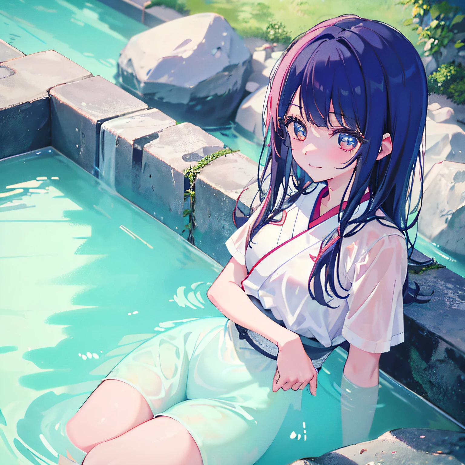highr, Best quality at best, 1 girl solo, Kamisato_Ayaka, sitted, from the above, looking at viewert, Light smile, wading, Wet hair, natta, pool-side, Japan Onsen Kyosaku, Best quality at best, the wallpaper