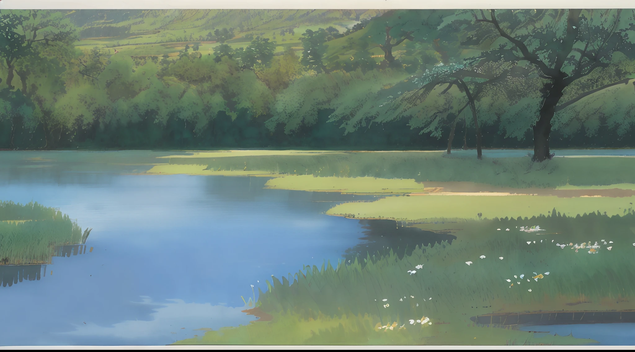 There is a painting,The painting depicts a river with green grass banks, calm afternoon, pond landscape, gouache matte painting, pond scene, Inspired by Henri Biwa, peaceful scenery, peaceful landscape, detailed soft painting, environment painting, disney inspired landscape, Small river, Small lake, serene scene, in a serene landscape, Peaceful environment, spring morning, painted in high resolution