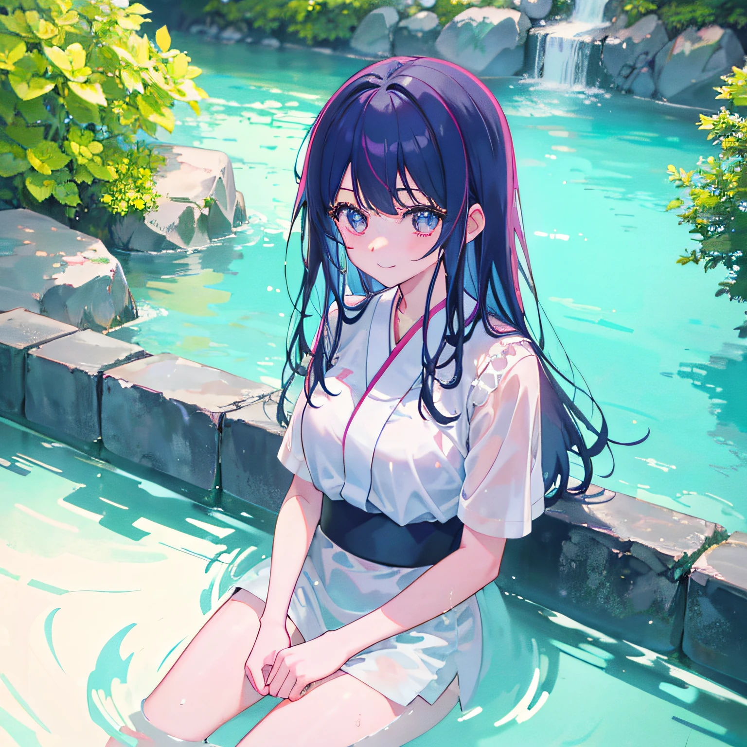 highr, Best quality at best, 1 girl solo, Kamisato_Ayaka, sitted, from the above, looking at viewert, Light smile, wading, Wet hair, natta, pool-side, Japan Onsen Kyosaku, Best quality at best, the wallpaper