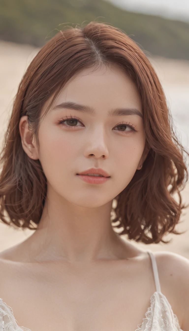 top-quality、tmasterpiece、超A high resolution、Full body portrait、(Photorealsitic:1.4)、RAW photogr、There is only one woman in the world、Detailed facial texture、Cool summer beach in bikini、Light-colored clothing、short detailed hair