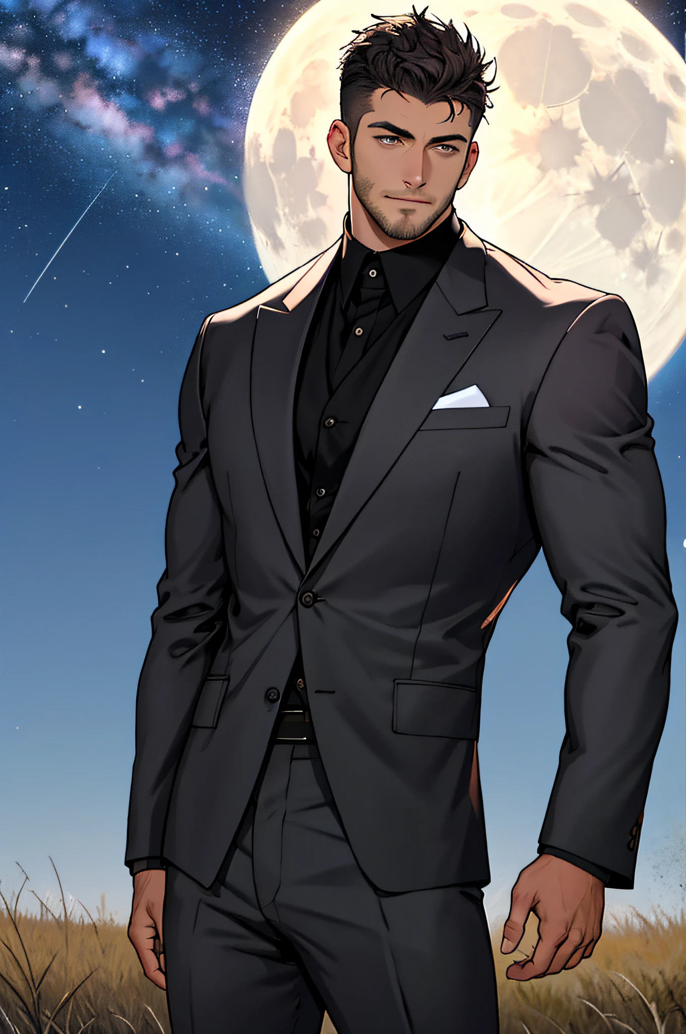 Draw a full-fledged footballer,Standing on the steppe at night,Quiet and comfortable background,He wears the same suit as the country's president,The suit fits perfectly,Handsome face,eyes with brightness,The man looks confident and determined,looking-down,Crew cut,full bodyesbian,Stars dot the sky,shooting from below,Big moon highlights background