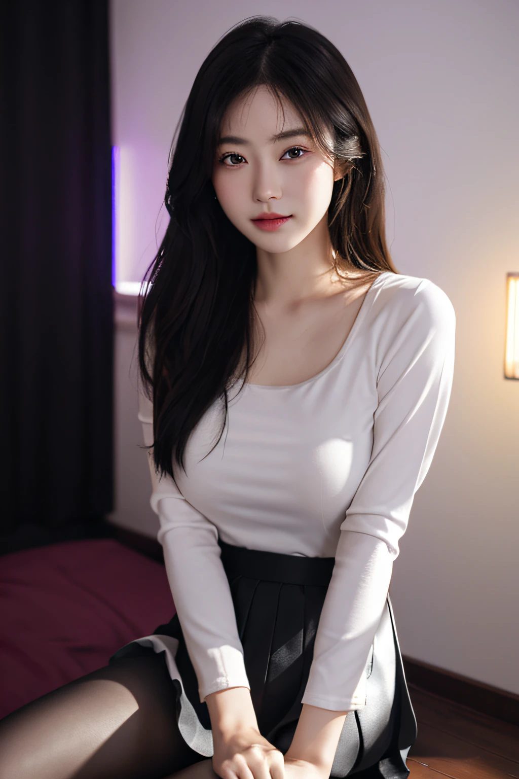 ultra realistic 8k cg、Picture-perfect face、Flawless、Clean、tmasterpiece、Professional artwork、famousartwork、face perfect、beautiful countenance、beautidful eyes、((Perfect female body))、独奏、(Immersive atmosphere、Chiaroscuro:1.5、brightened light:1.2、luminouslighting)
、、(Red blush:0.5)、Seductive look、Very detailed_Eyes、thick thight、Large full breasts、
beautifullydetailedbackground、depth of fields、hentail realism:1.3、shot from afar、1girl in、The shirt、pleatedskirt、校服、Sit on the、full bodyesbian、
(ambient lights:1.3)、(cinematic compositions:1.3)、(Neon light:0.1)、(hdr:0.1)、emphasis lighting、Black pantyhose、
