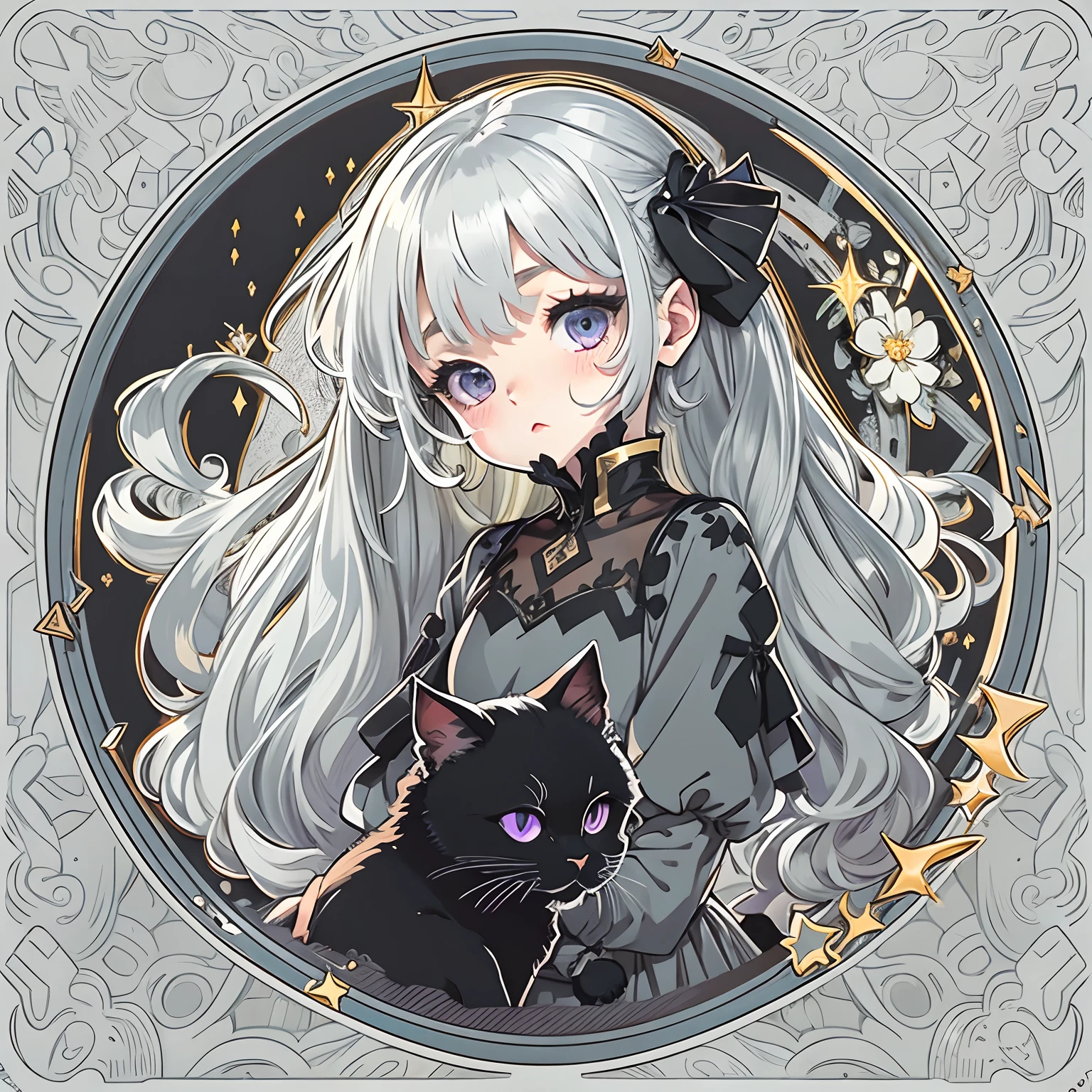 Sticker, Cute anime girl head, long layered silvery white hair,Light purple eyes,pouty,Black dress,Black princess dress,Holding a black cat,in circle, White background, Gold border,Simple, Ultra detailed, Detailed drawing, vectorised, Silhouette, 8K, professional sticker design, Flat design, Vector lines, Sticker, Drawing, Drawing, Full-HD