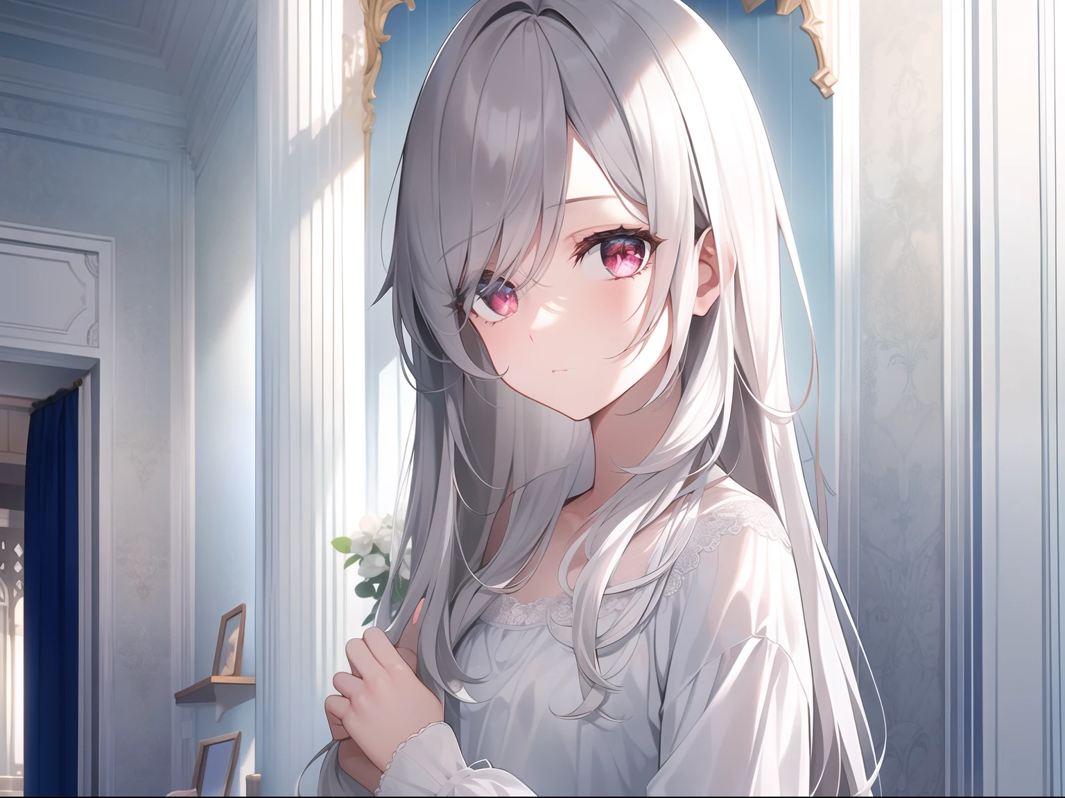 ((Masterpiece, Best quality))++, Detailed light+, Detail hair+, detail hand+ ,1girll, woman, Long hair, Crimson eyes, Beautiful eyes, Young gray hair,,(Beautiful white hair:1.5),(Beautiful detailed eyes), high resolution+, blacksilk , a black skirt, Glass tones, Reflective eyes, {{Angle}} , extremelydetailedwallpaper, Original, ,