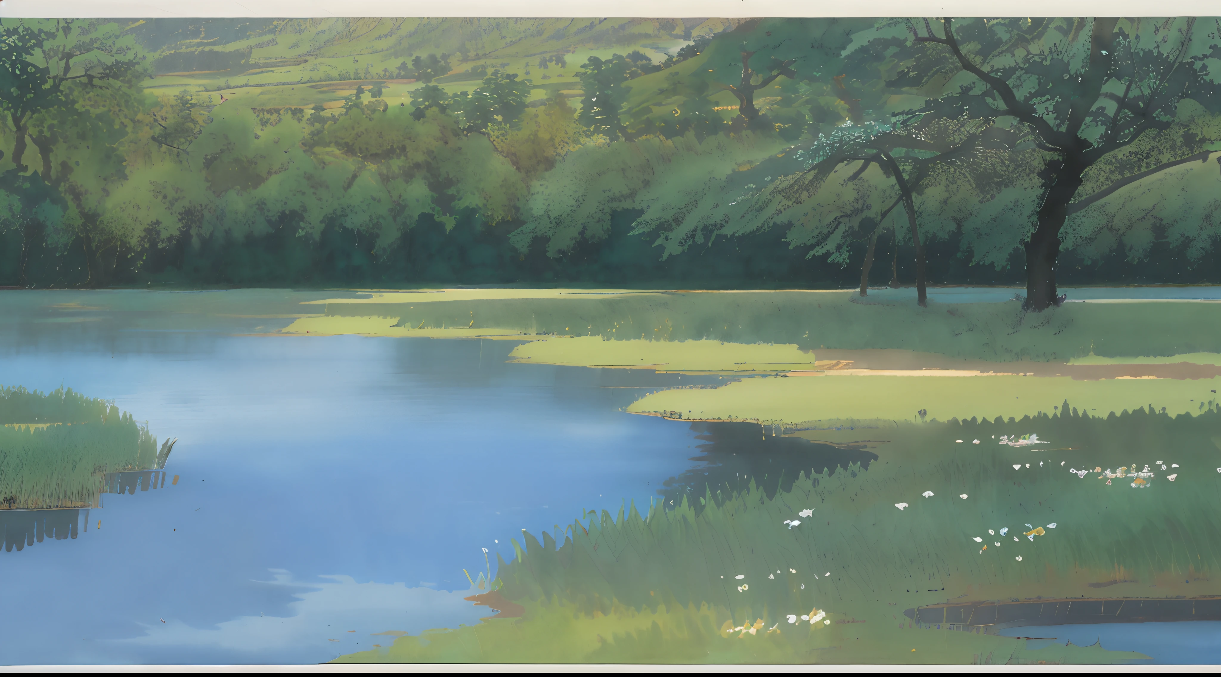 There is a painting,The painting depicts a river with green grass banks, calm afternoon, pond landscape, gouache matte painting, pond scene, Inspired by Henri Biwa, peaceful scenery, peaceful landscape, detailed soft painting, environment painting, disney inspired landscape, Small river, Small lake, serene scene, in a serene landscape, Peaceful environment, spring morning, painted in high resolution