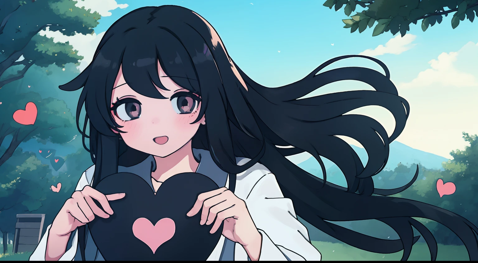 anime girl with long black hair, black dress, outdoors, dream, nerveus, love, happy, hands behind, eyes heart shape, blush,