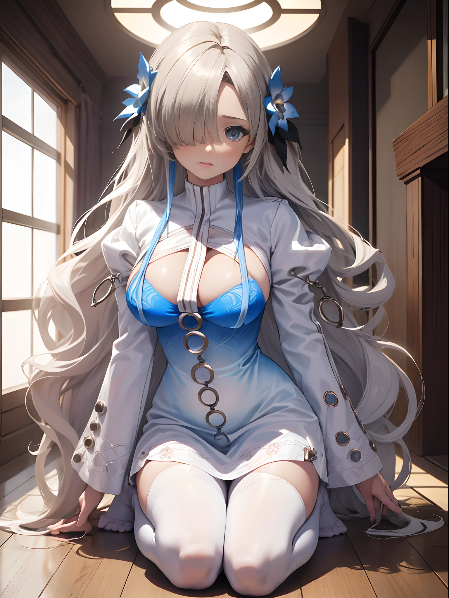 (Enrich the picture,Masterpiece level quality)Beautiful 8K CG artwork,Goddess-like posture,Kneeling exercise,Slim and soft,Translucent skin,Silver hair、The beauty of extra-long hair, Super Long Straight Hair,The skin is fair and juicy,Big breasts lingerie miniskirt uniform,Perspective Part 1.2x enhanced silhouette effect,Exquisite transparent blues pattern in pajamas,The details are intricate and exquisite,The background is slightly blurred,Charming and lustful leg seduction,Drool,K cup oversized big breasts,Blush,Japan goddess,Perfect body slim curves,