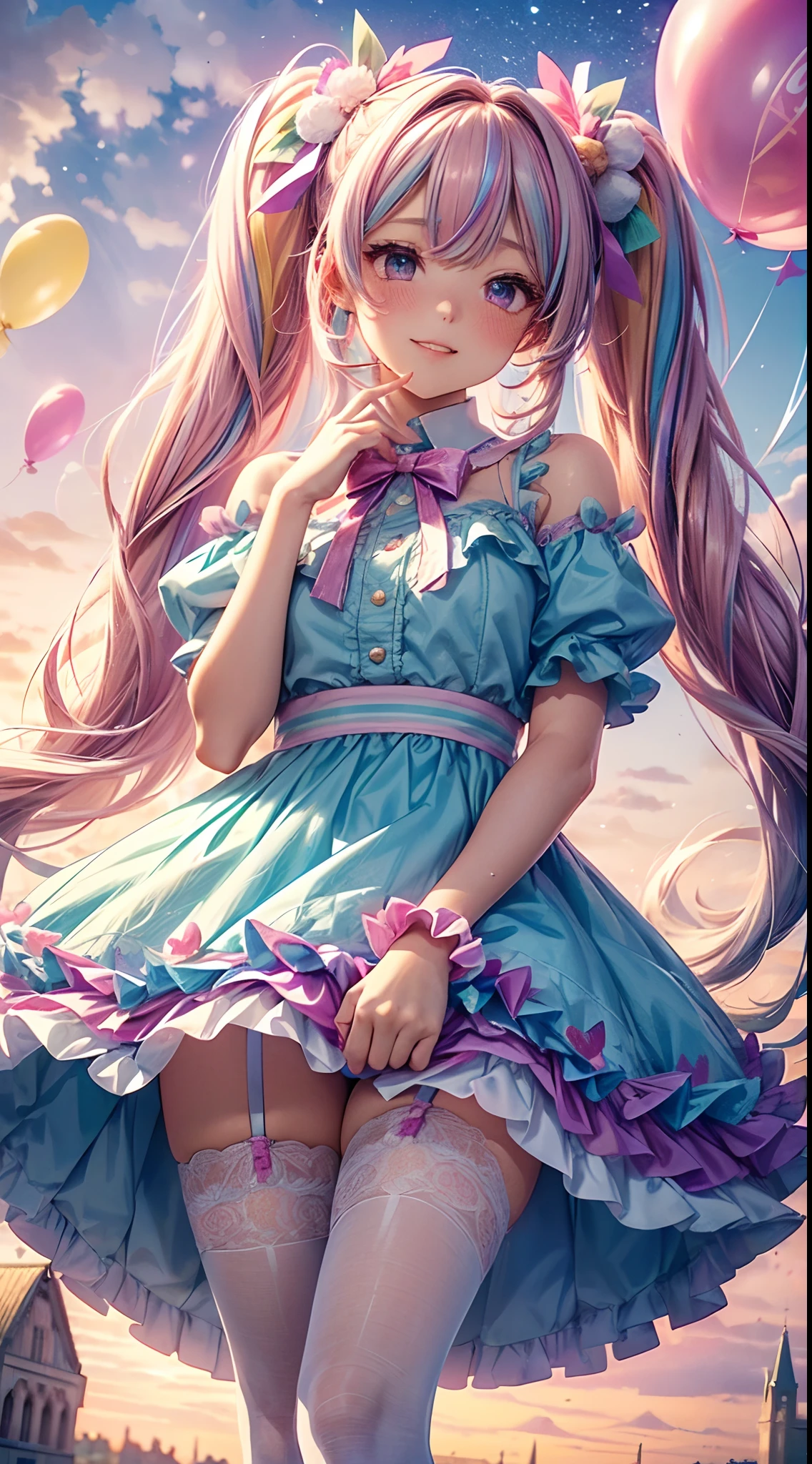 (fullbody, legs and shoes visible: 1.2)) expressive eyes, 1girl, pale skin, long hair, windblown hair, ((absurdly long hair)), long sidelocks, hime bangs, hair fringe, hair bun, ((very long twintails)), iridescent hair, light pink hair, blushing, full face blushing, big sparkling pastel purple eyes, (gradient eyes), open mouth smile, cute pose, ((holding balloons : 1.3))
((cute and pastel fashion)) ((🦄🎠🎈🎉 theme : 1.4)) flowy pastel dress, ((dreamy multicolored open dress)), (floating ribbons), lavender ruffles, pink frills, (light blue lace), detached short sleeves, puffy skirt, ((rainbows and stars print skirt : 1.3)), lolita skirt, purple bows, ((pompon ribbons hair ornament : 1.4)), multiple bows, striped lace stockings, (heart shaped leg garter), cute (pastel purple) shoes ((hyperdetailed clothing and fashion)) looking at you, vintage girl, blushing, (beautiful detailed eyes), (extremely detailed CG unity 8k wallpaper) (best shadow), ((an extremely delicate and beautiful)), (detailed light), ((depth of field)) big head, big sparkling eyes, moe, splash art, cinematic lighting, frontal view, volumetric lighting maximalist photo illustration 64k resolution high res intricately detailed complex key visual precise linear
((in the dreamy pastel sky background, surrounded by sunset clouds, shooting stars, castles in the clouds)) ((hyperdetailed scenery, foggy clouds, suspended by balloons, hearts : 1.3))